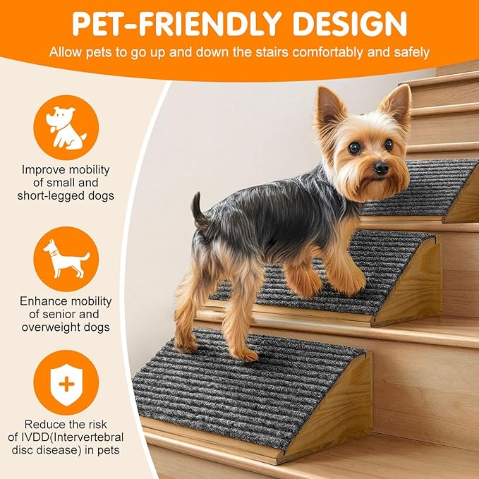Dog Ramp for Stairs, Non-Slip Dog Stairs, Low-Angled Pet Ramps for Small Dogs and Cats, Medium Dogs, Step and Stair Assist for Injured and Older Pet, Walnut, 4 Pack