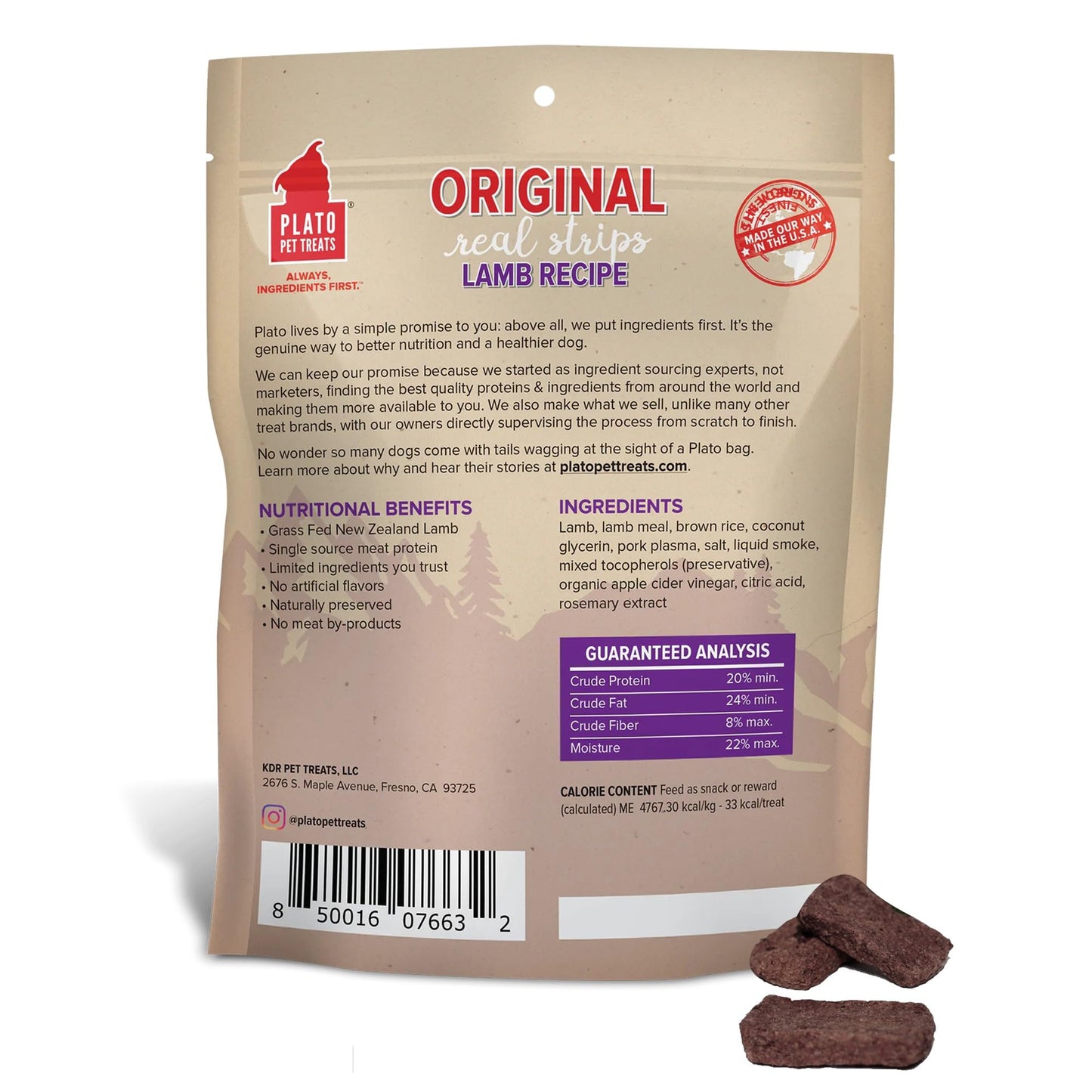 PLATO Pet Treats Real Strips - Air-Dried Meat Bars for Dogs - Delicious, Limited Ingredient Dog Treats - Grain Free - Original Real Strips Lamb 6oz