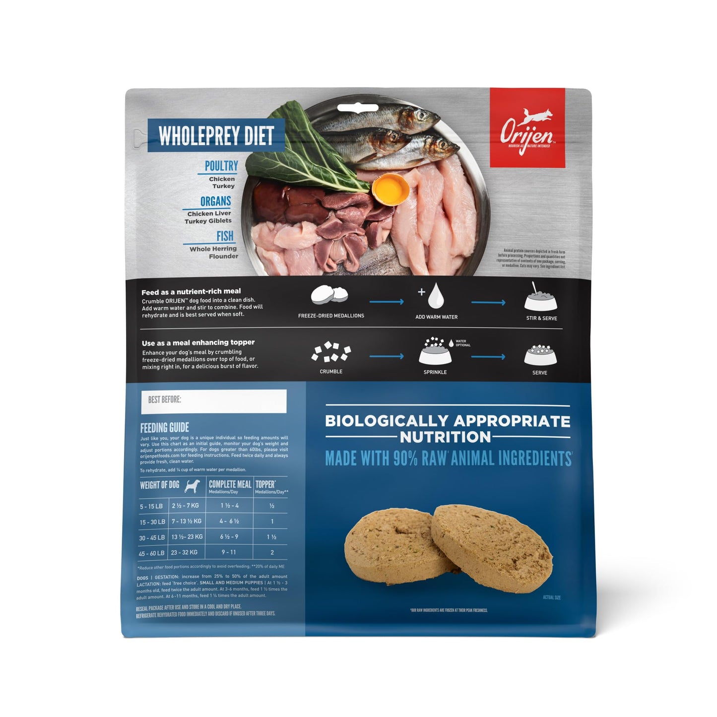 ORIJEN Grain Free High Protein Freeze Dried Dog Food & Topper Original Recipe 16oz Bag