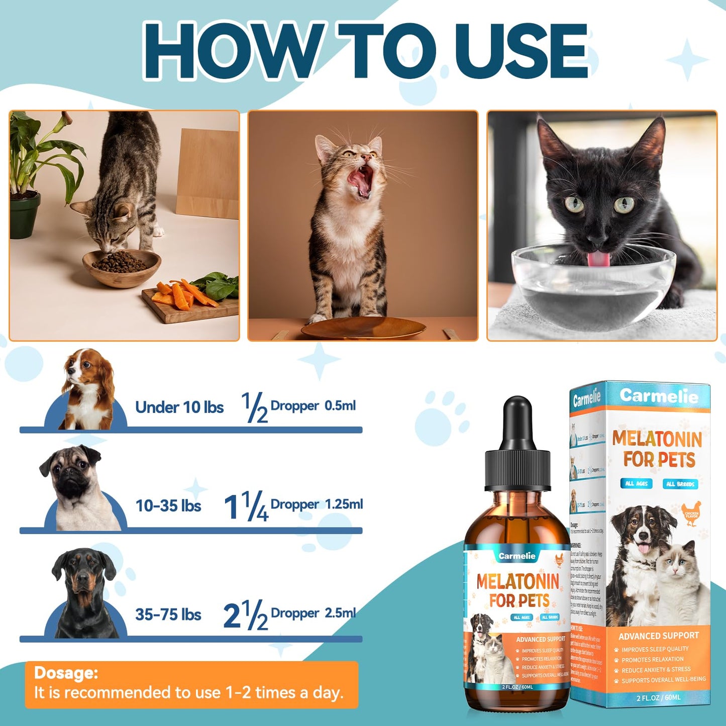 Melatonin for Pets, Dog Melatonin, Dog Sleep Supports, Melatonins for Cats, Supports Relaxation Dogs & Cat, Calm Behavior in Dogs, Helps Restful Sleep, Chicken Flavor 60ml