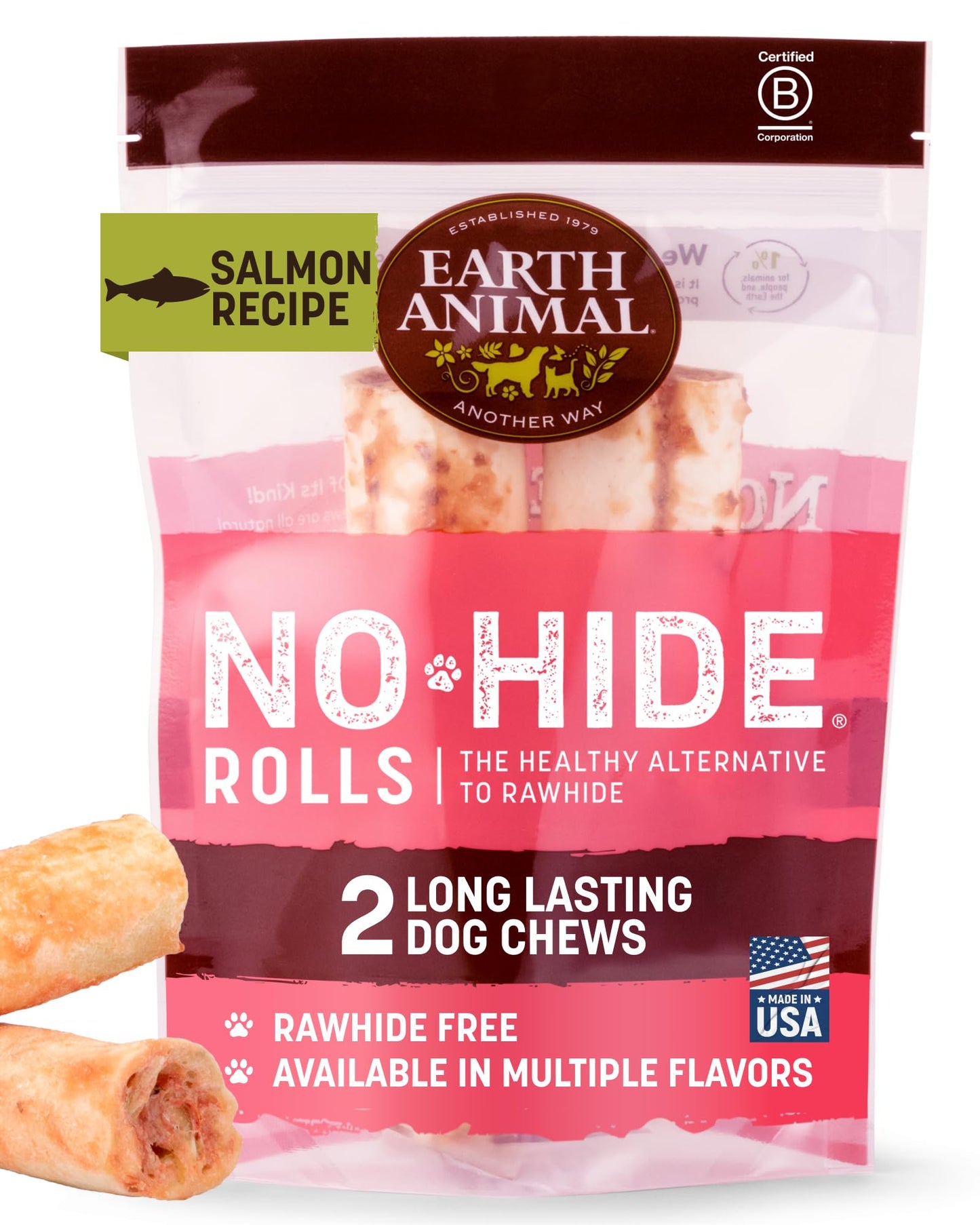 Earth Animal No Hide Medium Salmon Flavored Natural Rawhide Free Dog Chews Long Lasting Chew Sticks | Treats for Large Dogs | Great for Aggressive Chewers - 2 Count
