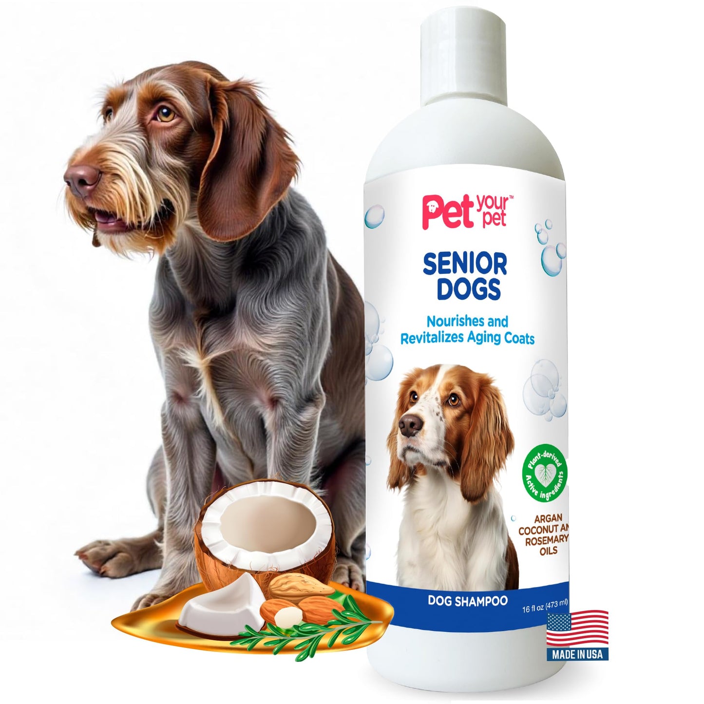 Pet Your Pet Natural Shampoo for Senior Dogs – Nourishes and Revitalizes Aging Coats with Argan and Coconut Oil for Dry and Sensitive Skin – Hydrating & Soothing Grooming Formula - 16 oz