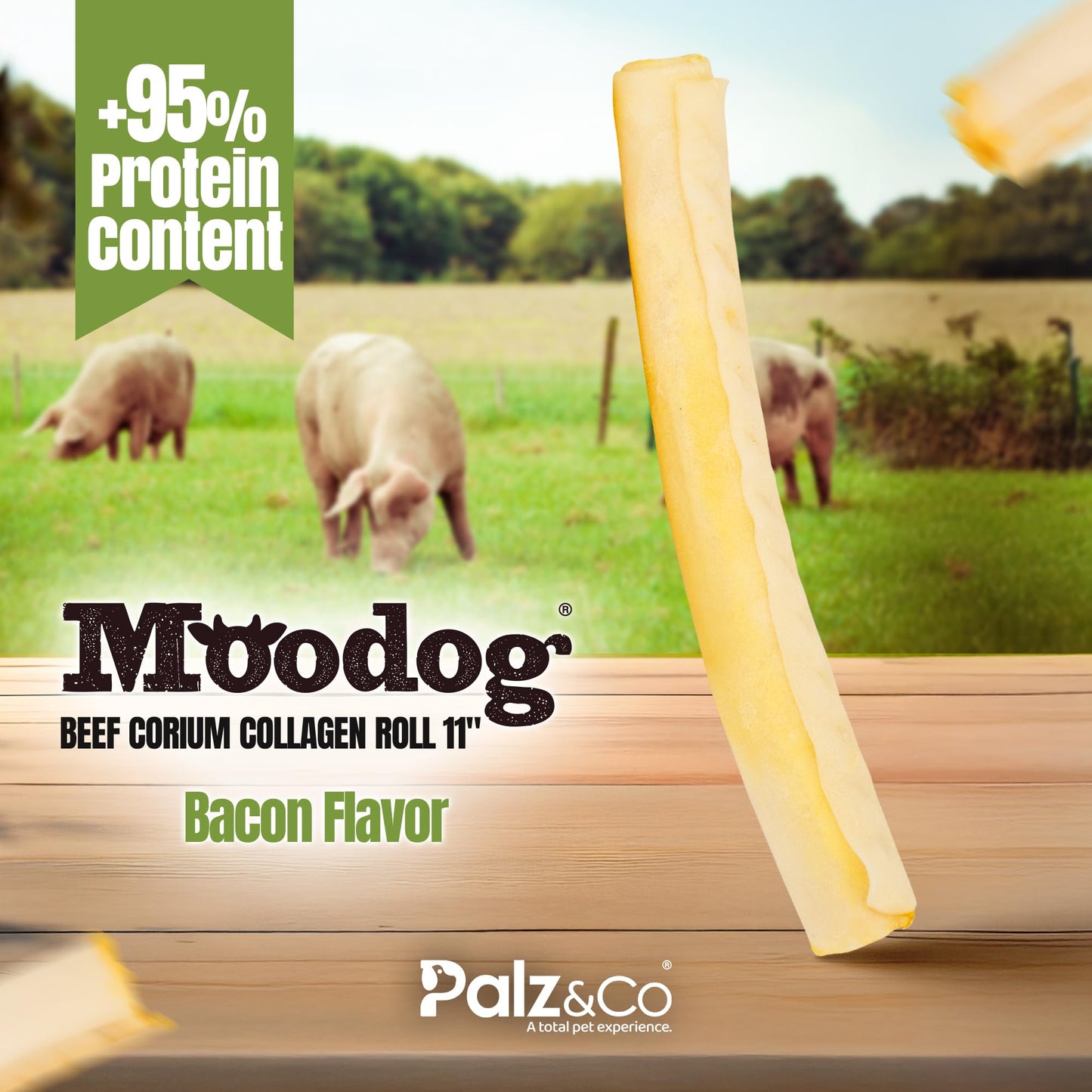 Palz&Co Moodog Beef Corium Collagen Roll 11" Bacon Flavor - 100% Natural Dog Treat, Grain-Free, High Protein, Made in USA, Long Lasting Chew