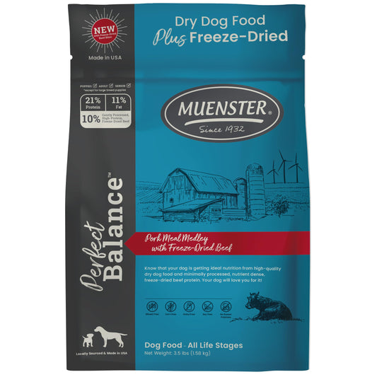 Muenster Perfect Balance Raw Pork Kibble Mix with Freeze Dried Beef for Dogs - High Protein, No Corn, Wheat, or Soy - Probiotic Dog Food Raw Treats for Healthy Gut - All Life Stages, 3.5 lb Bag