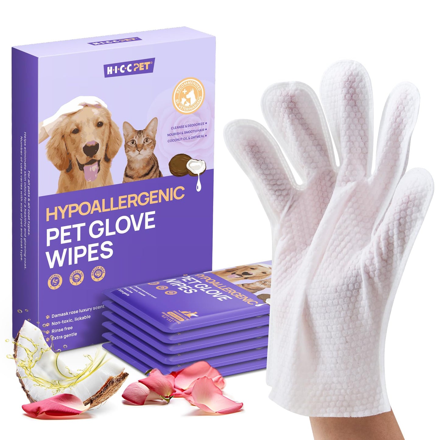 HICC PET Cleaning Deodorizing Glove Wipes for Dogs & Cats, Vet Recommended Hypoallergenic Pet Cleaning and Hydrating Glove Wipes, Nourish Fur Coconut Oil Pet Bathing Wipes for Horse Coat Care