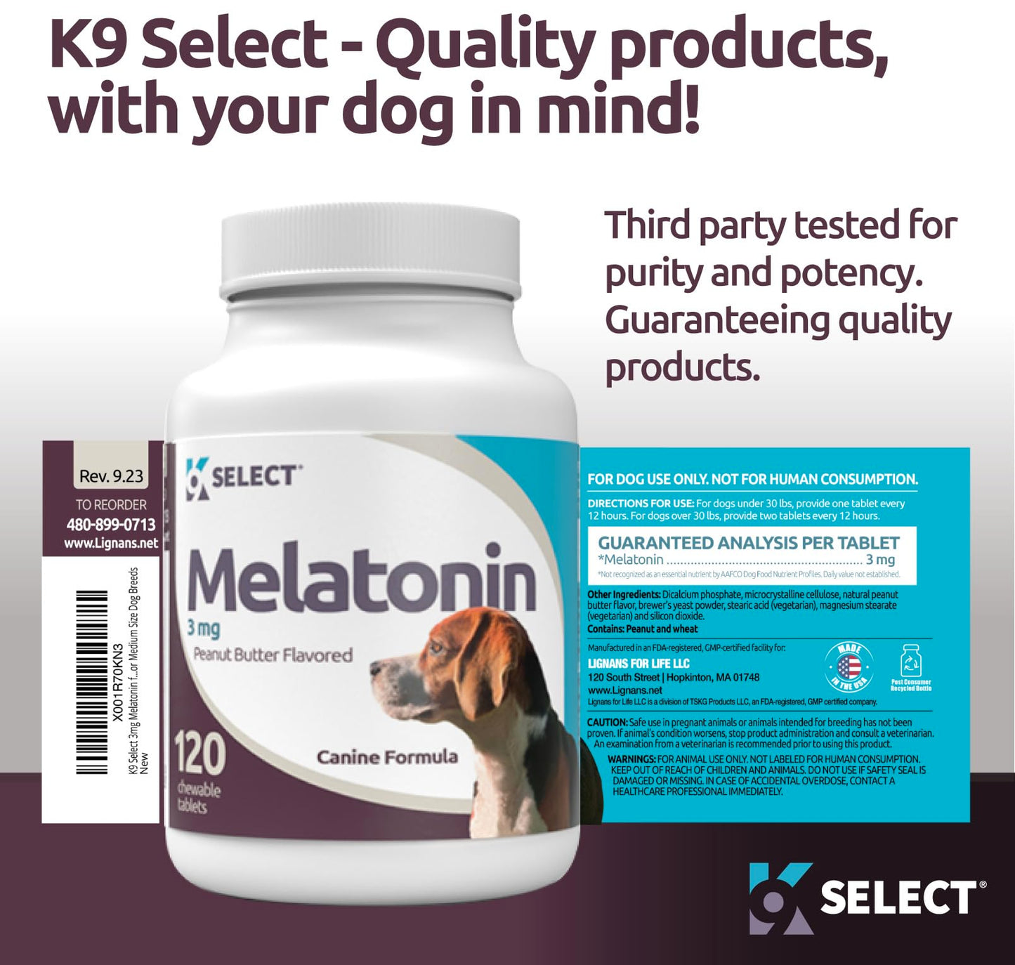 K9 Select Bundle: 90 Tabs of Multi-Formula Supplement (10mg HMR Lignans,1mg Melatonin,20mg Milk Thistle) & 120 Tabs of 3mg Melatonin Support - Peanut Butter Flavored Chewables - Small & Medium Dogs