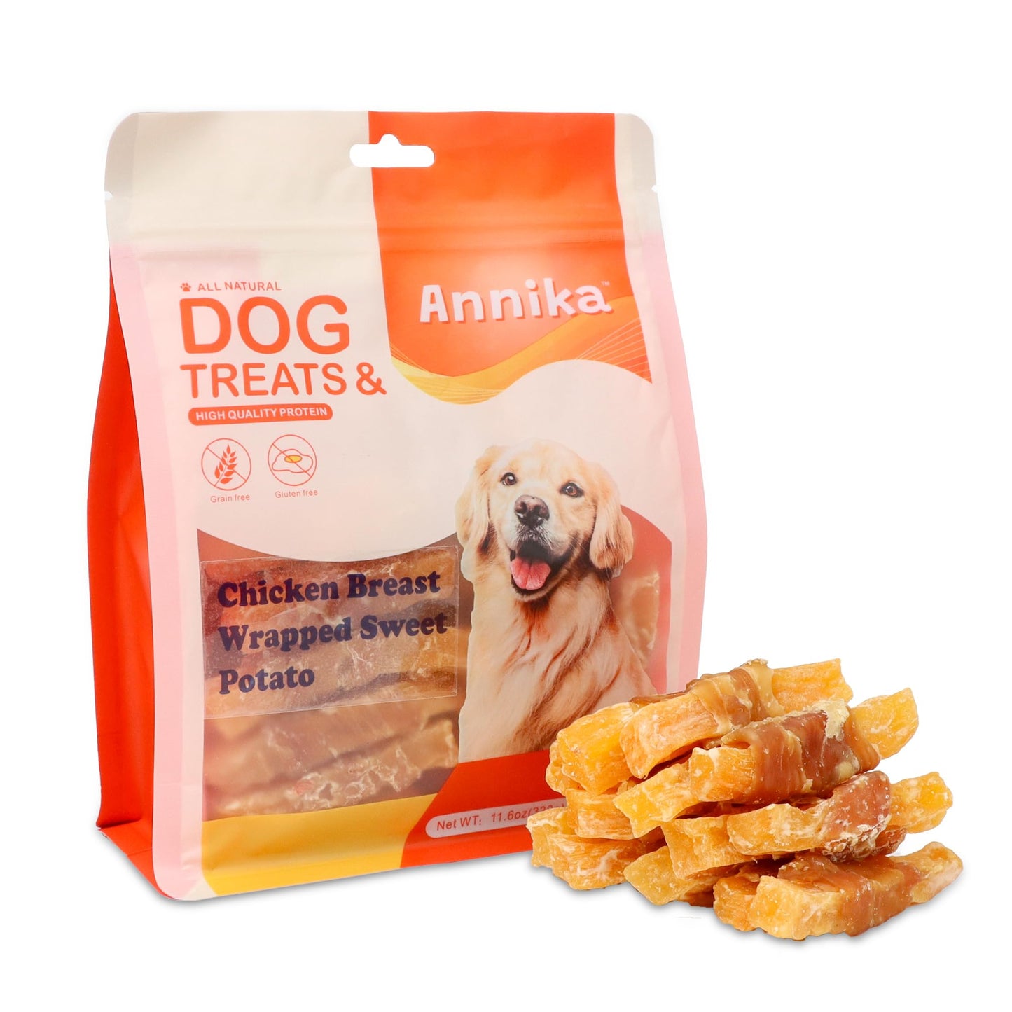 Annika Chicken Wrapped Sweet Potato Dog Treats – Grain-Free, Healthy Natural Jerky Chews, High Protein, Dental-Friendly Puppy Training Snacks for Small, Medium & Large Dogs, 11.6 oz