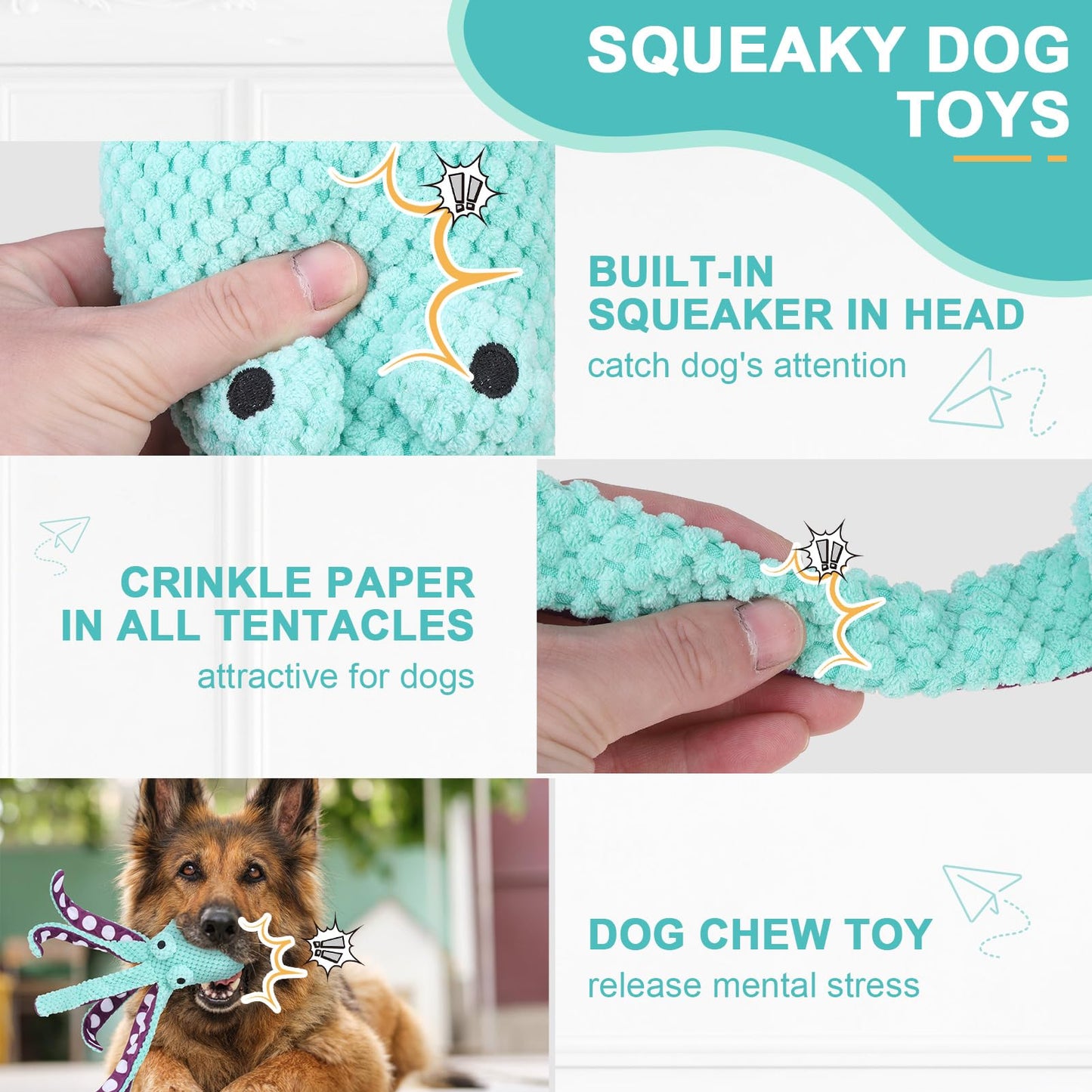 EXPAWLORER Octopus Dog Toy - Durable Interactive Dog Squeaky Toys Best Puppy Birthday Gift, Soft Stuffed Plush Toy with Crinkle Paper, Teeth Chew Toy for Small Small Medium Large Breed, Green