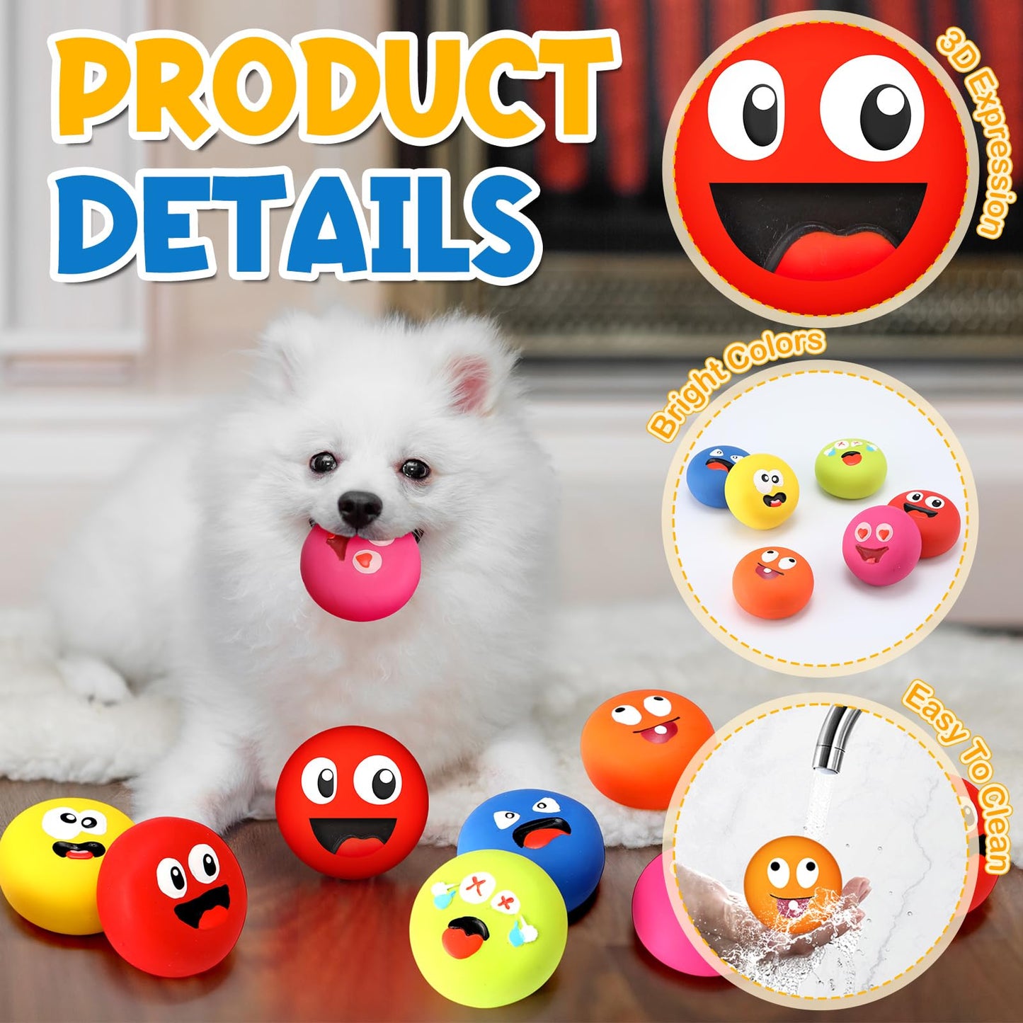 Hungdao 12 Pcs Latex Squeaky Dog Toys Funny Face Squeaky Dog Balls Soft Rubber Interactive Fetch Play Balls for Mini Small Breeds Puppy Pet Teething Training