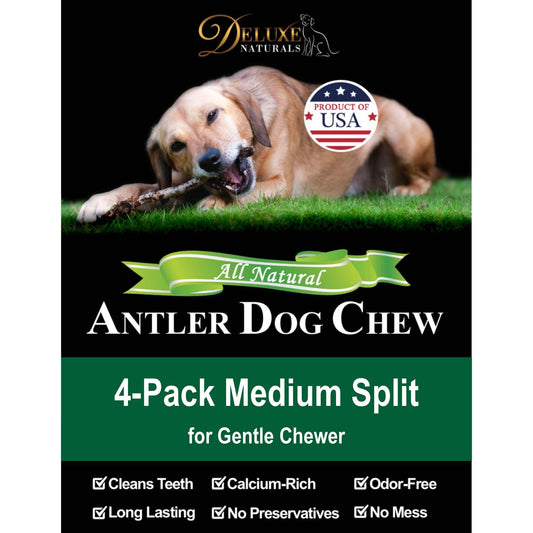 Deluxe Naturals Elk Antler Dog Chews | Long-Lasting A-Grade Premium Elk Antler Chews for Dogs from Naturally Shed Elk Antlers Collected in The USA, Split, Medium (Pack of 4)
