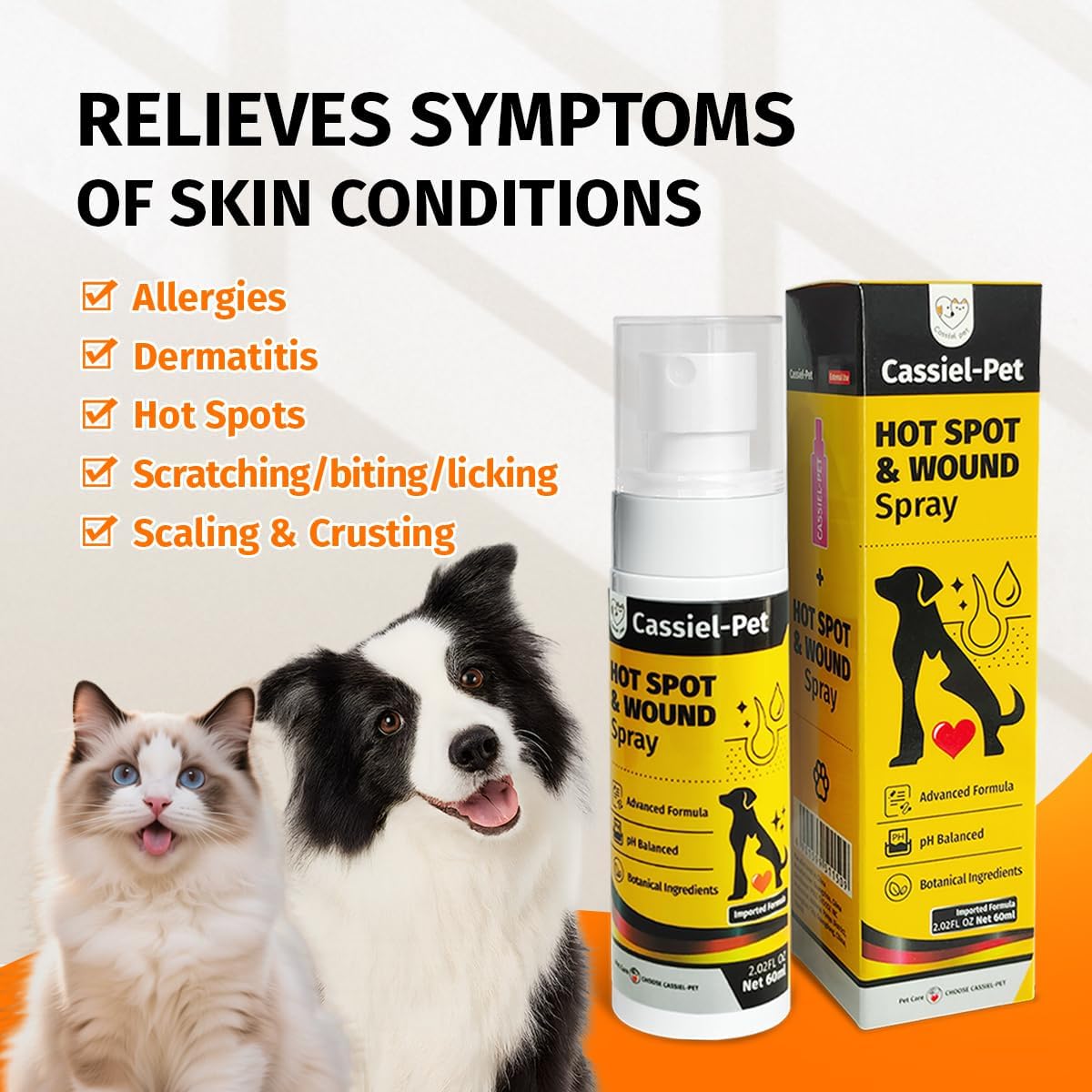 Cassiel pet Hot Spot Spray for Dogs, Itch Relief Spray & Hot Spot Treatment for Dogs, Cats, Helps Alleviate Sensitive Skin, Scratching, and Licking of Coat, for All Animals, 2.02oz