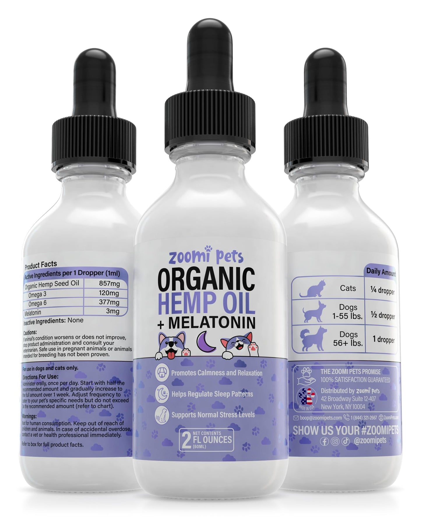 Zoomi Pets Melatonin + Organic Calming Hemp Oil for Dogs Anxiety and Stress Relief - Calming Drops Pet Hemp Oil for Dogs & Cats - Hip and Joint Support Supplement for Dogs Pain Management (2oz)