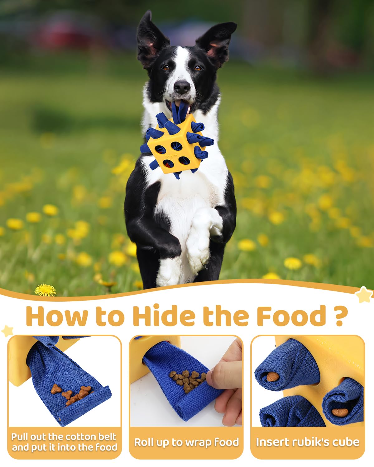 Interactive Puzzle Dog Toy Encourage Natural Foraging Skill, Durable Dog Enrichment Toy Snuffle Cube Cloth Strip with Hide & Seek Food, Slow Feeder for Mind Stimulate & Stress Relief (Yellow)