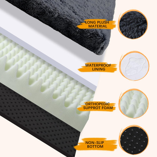 Orthopedic Dog Beds Medium/Large Sized Washable Removable Cover, Plush Dog Bed Waterproof Lining NonSkid Bottom, Crate Foam Pillow Mattress Fluffy Anti Anxiety Pet Pad 35x23 Inch, Dark Grey