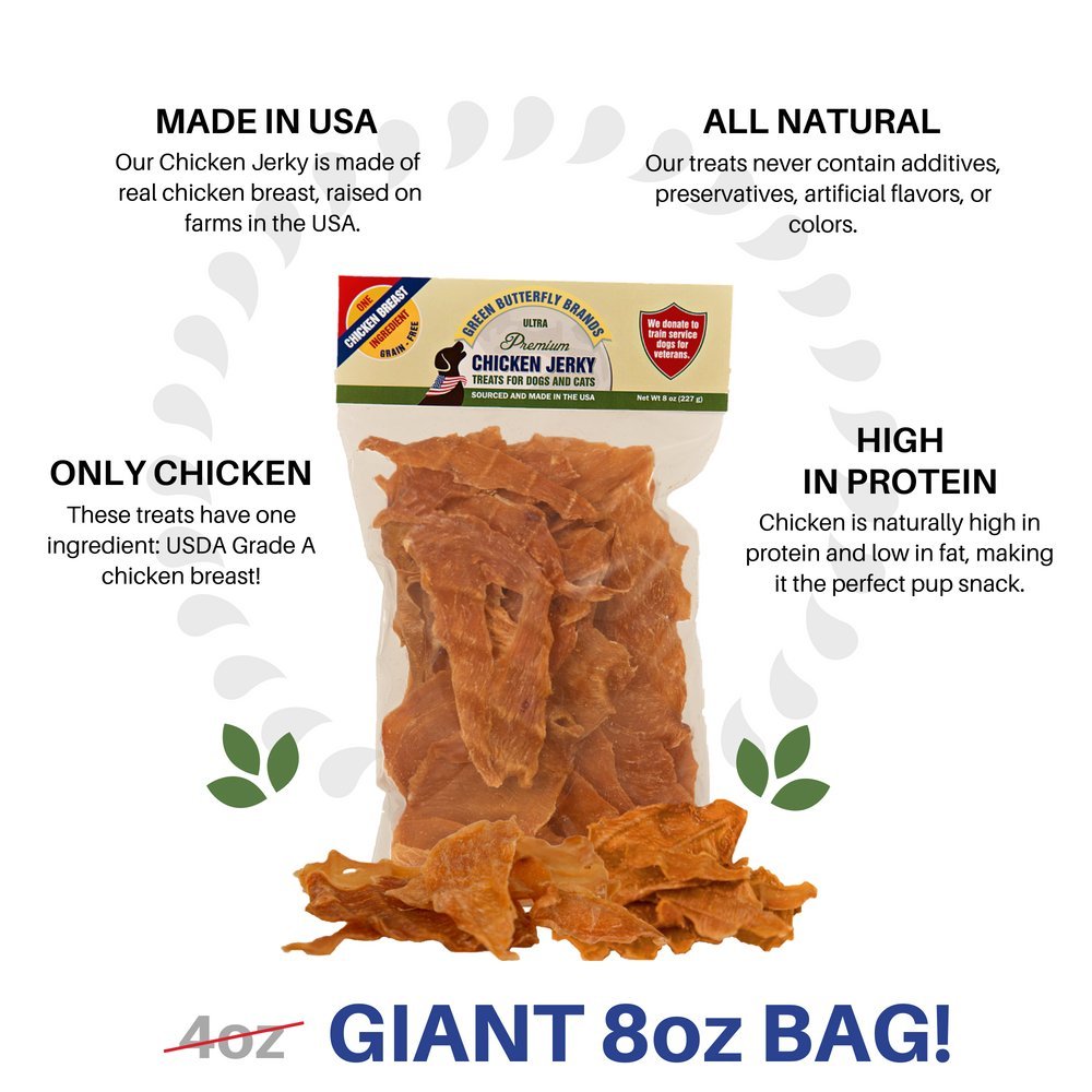 Green Butterfly Brands Chicken Jerky - Dog Treats Made in USA Only - 1 Ingredient: USDA Grade A Chicken Breast - No Additives or Preservatives - Grain Free Snack, All Natural Premium Strips, 8 Ounces