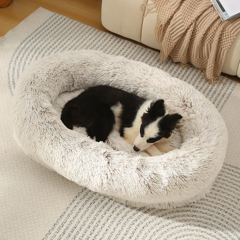 Glow Pups Calming Dog Bed, Egg Crate Dog Bed with Memory Foam Bolster, Luxurious Faux Fur Cozy Oval Design, Machine Washable Removable Cover, Non-Slip Base, Light Grey (23.6" x 19.6" x 7")