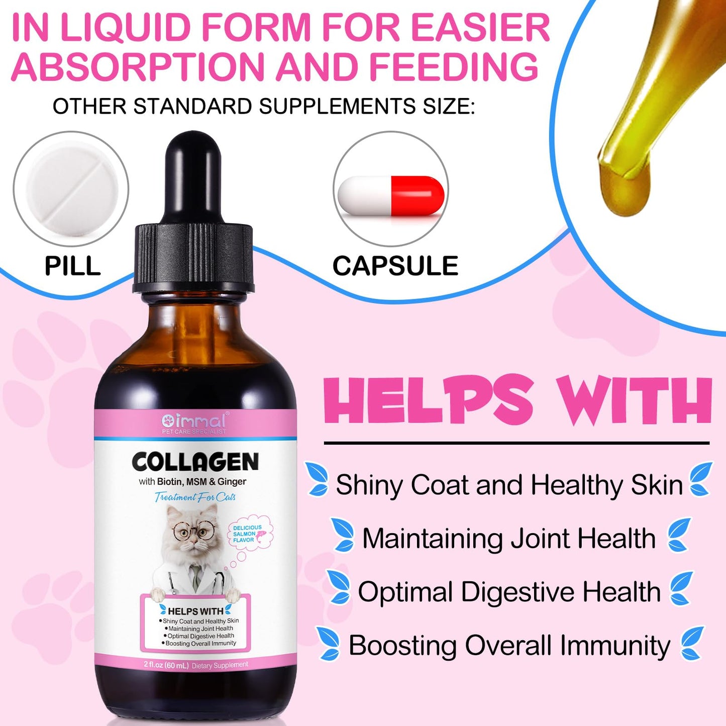 Collagen for Cats, Daily Liquid Collagen Drops for Cats with Allergies, Biotin, Vitamin C and Hyaluronic Acid, Improves Mobility Skin and Coat Health, Itch Relief for Cat, Salmon Flavor, 60ML