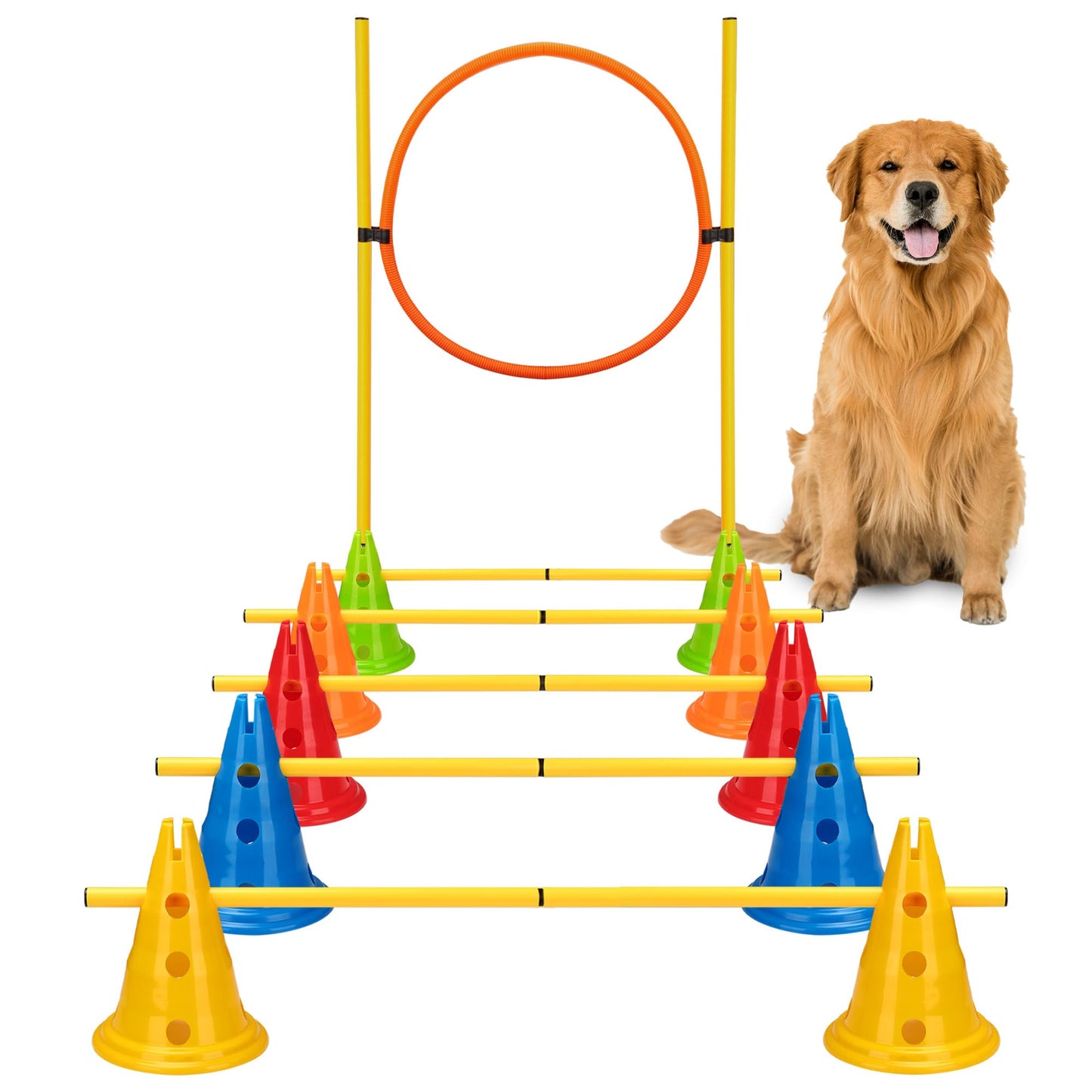 DiDiBirDi 6 Sets Dog Agility Hurdle Cone Set, Adjustable Obstacle Training for Puppy, Pet Crossbar Combo for Beginners for Backyard, 5 Sets x Pole Obstacles,1 Set x Hoop Jump