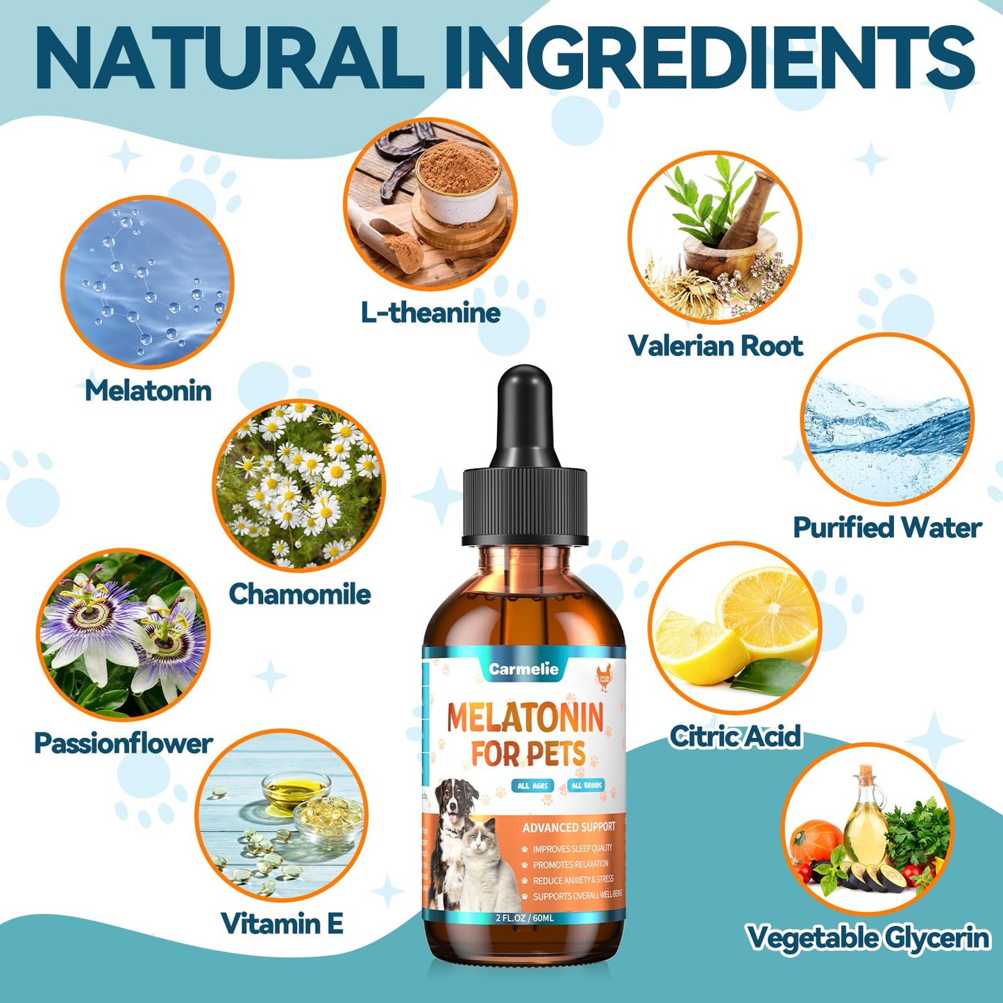 Melatonin for Pets, Dog Melatonin, Dog Sleep Supports, Melatonins for Cats, Supports Relaxation Dogs & Cat, Calm Behavior in Dogs, Helps Restful Sleep, Chicken Flavor 60ml
