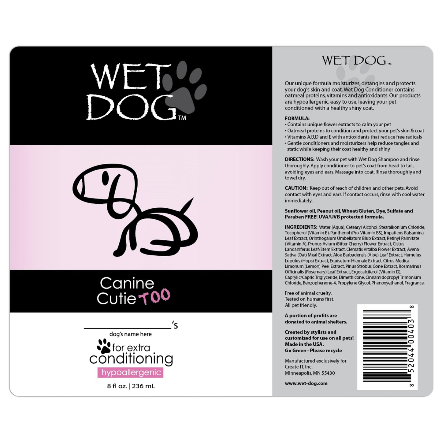 Wet Dog Canine Cutie All-Natural Organic Oatmeal Sensitive Skin Conditioner for Dogs and Pets, Moisturizing, Detangling, Deshedding, Hypoallergenic, 8 Ounce