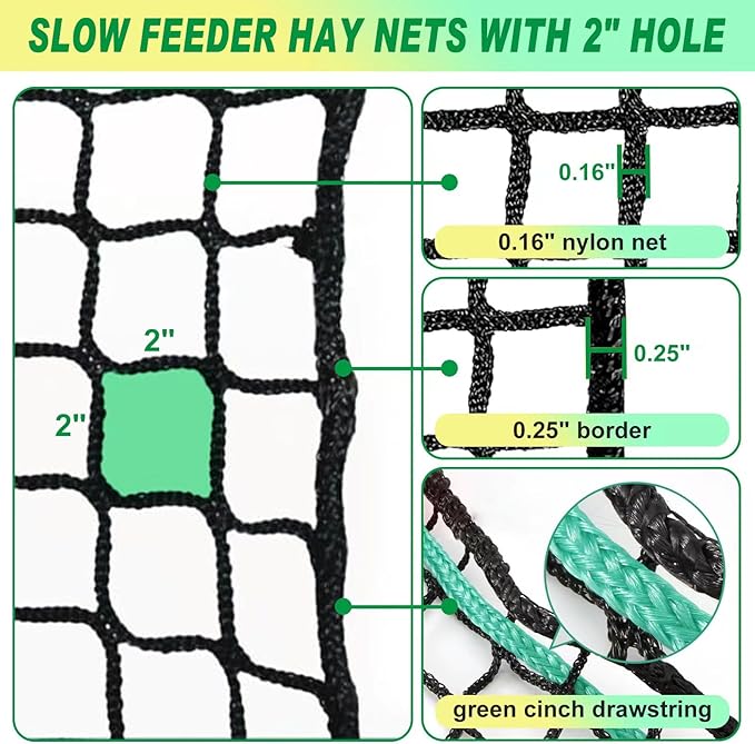 Tongmo 4x4 ft Round Bale Hay Net for Horses & Livestock - Slow Feeder Hay Nets with 2 inches Hole