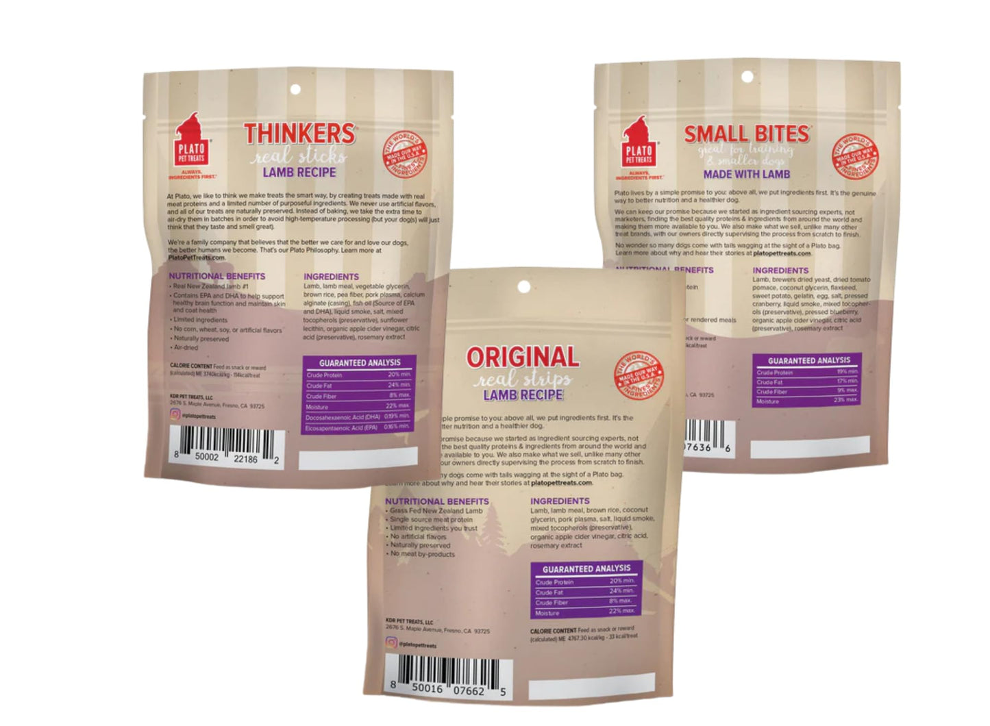 PLATO Lamb Dog Treat Variety Pack – 3 Count (Small Bites 2.5oz, Real Strips 6oz, Mini Thinkers 3oz) – Soft, Air-Dried, Grain-Free Training & Snack Treats