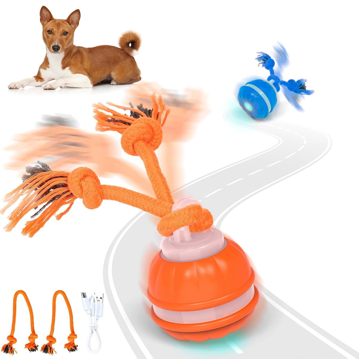 Interactive Dog Toy, Motion-Activated & Automatic Rolling, USB Rechargeable Smart Dog Ball with Teaser Rope & Squeaky Sound for Small & Medium Dogs, Puppy Stimulation Toy – Orange & Blue (Orange)
