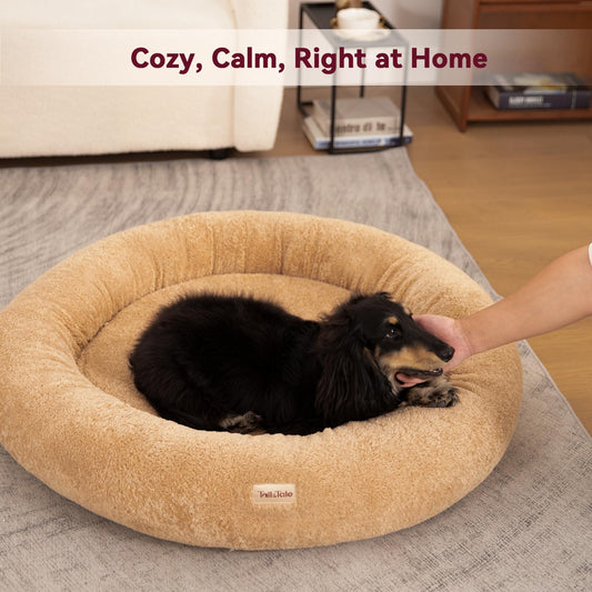 Calming & Cooling Donut Dog Bed for Medium Size Dog – Memory Foam Round Plush Pet Mat for Anti-Anxiety. Waterproof Comfort Pet Bed w/Faux Fur, Non-Slip Bottom & Removable Washable Cushion for Couches