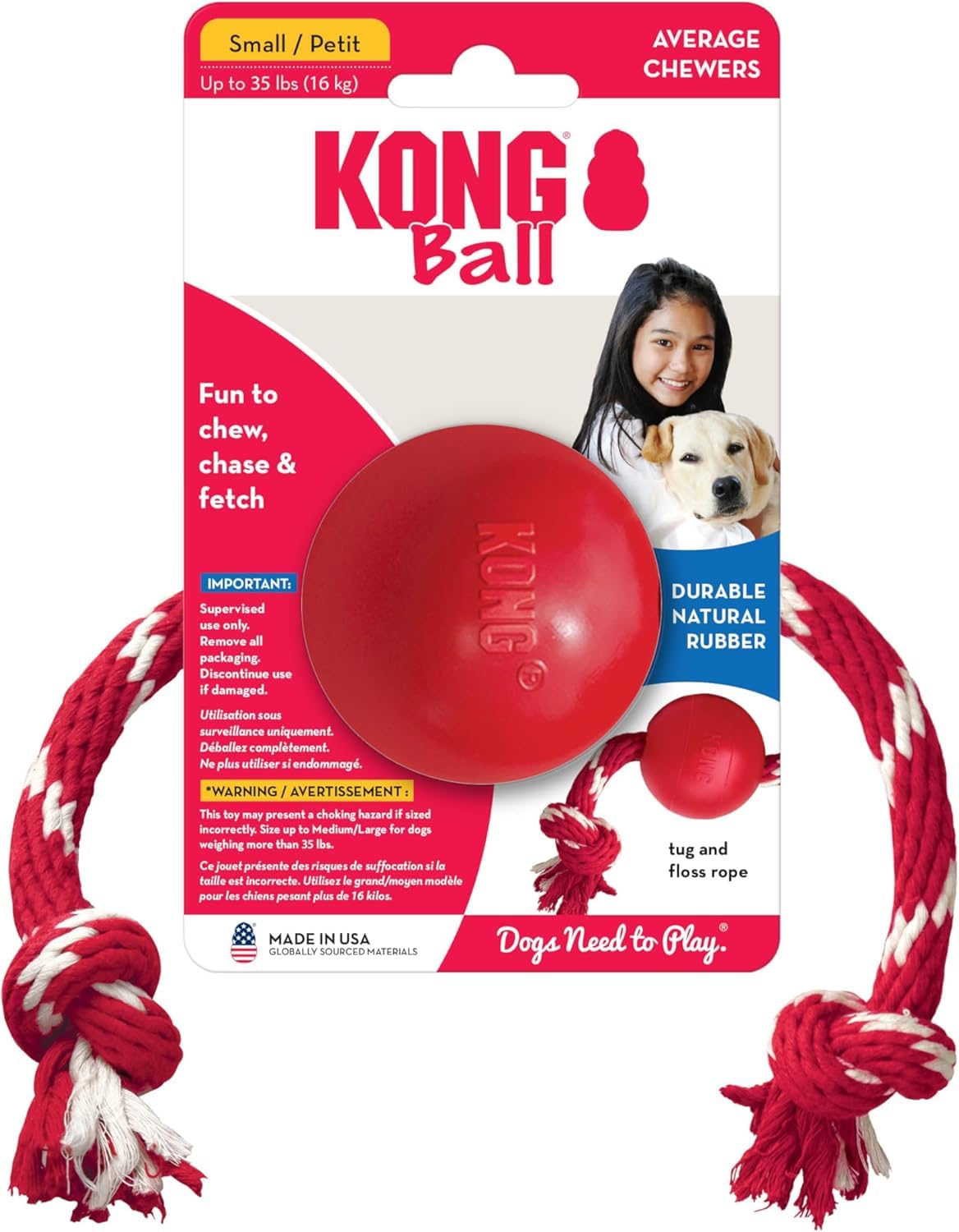 KONG Ball with Rope - Durable Fetch Toy with Rope for Easy Throwing - For Tug, Playtime & More - Natural Rubber - Red - For Small Dogs