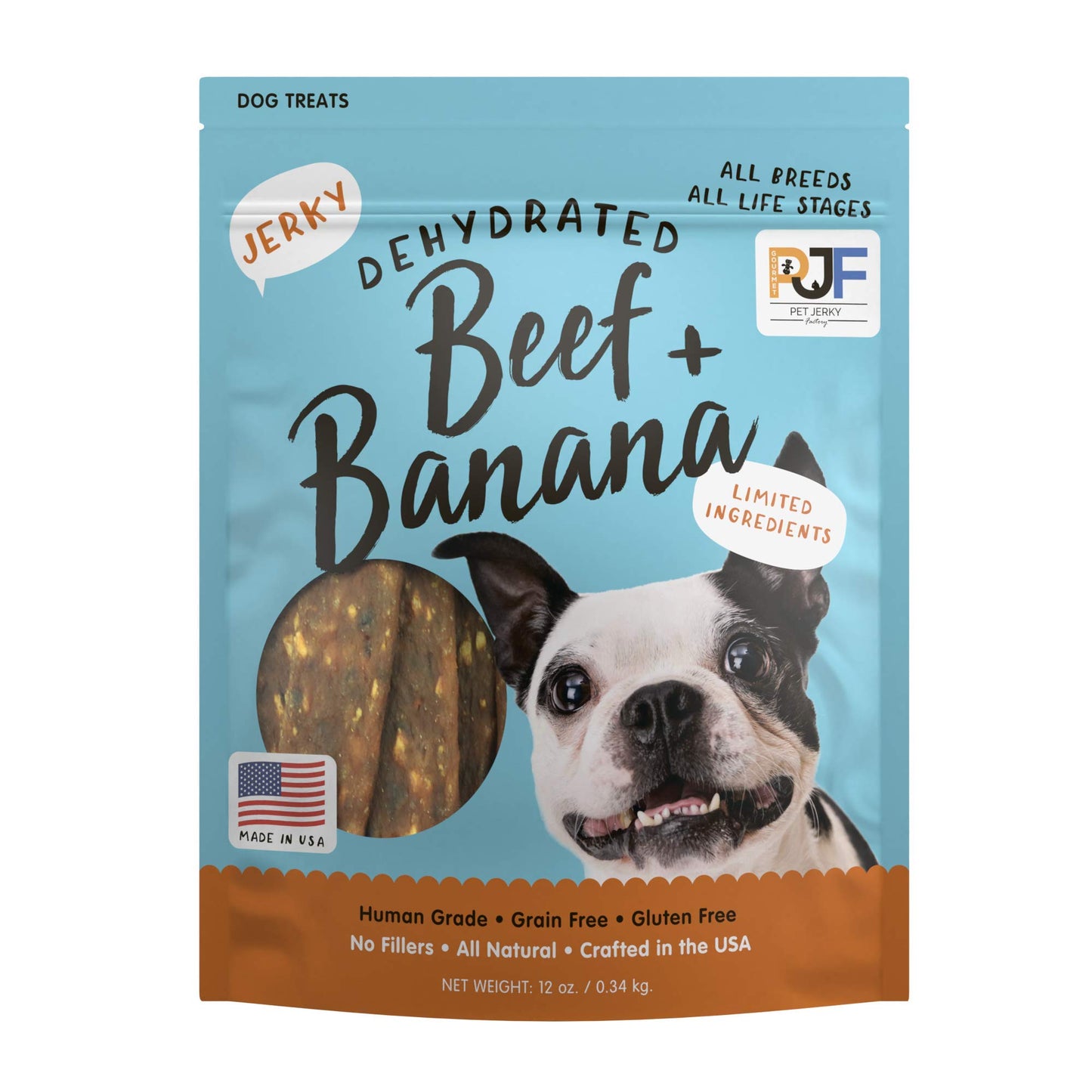 Pet Jerky Factory Premium Beef and Banana 12 oz. Dog Jerky Treats | 100% Human Grade | USA Made | High Protein | Grain Free | Limited Ingredients | No Filler | BHA-BHT Free | Soft-Tender