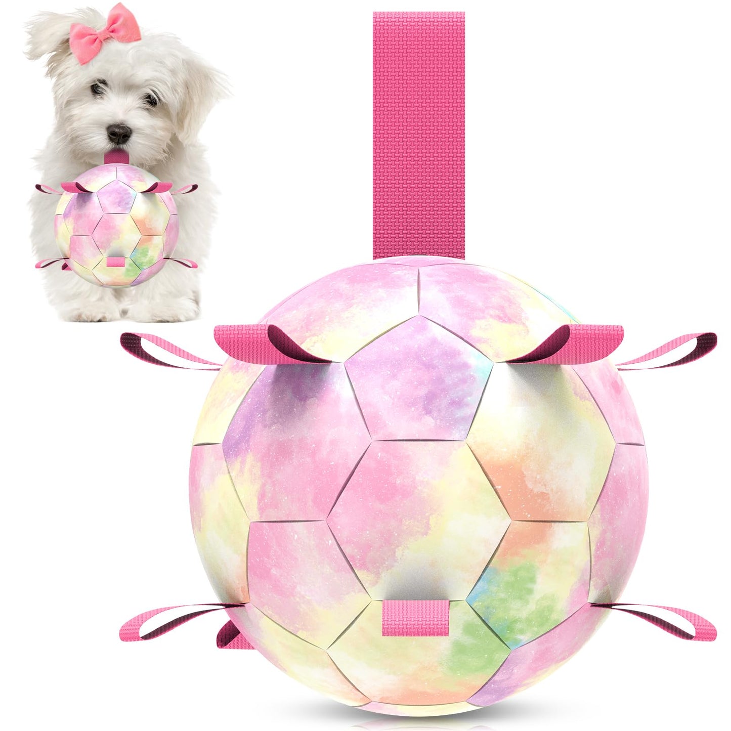 QDAN Premium Dog Toys Soccer Ball with Straps, Puppy Balls for Small Medium Dogs, Dog Water Toys Pool Toys, Puppy Dogs Pet Birthday Gifts, Rainbow（6 Inch）
