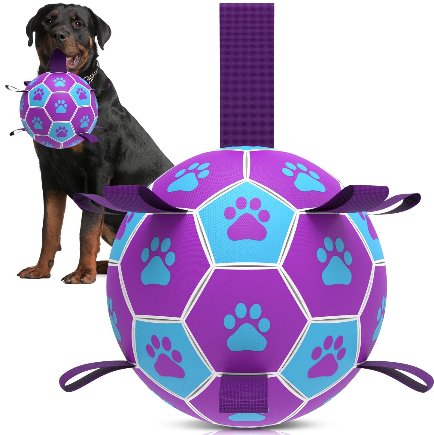 QDAN Dog Toys Soccer Ball - Durable Dog Balls with Strap for Medium Small Dogs, Puppy Birthday Gifts, Dog Tug Toy for Tug of War (8 Inch)