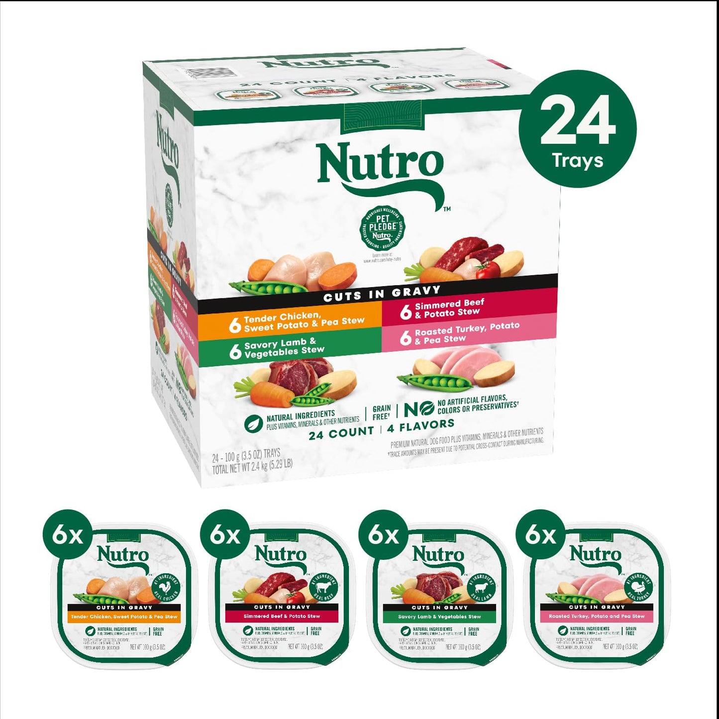 Nutro Natural Choice Cuts in Gravy Wet Dog Food 4 Flavors Variety Pack, 3.5 oz. Trays (24 Count, Pack of 1)