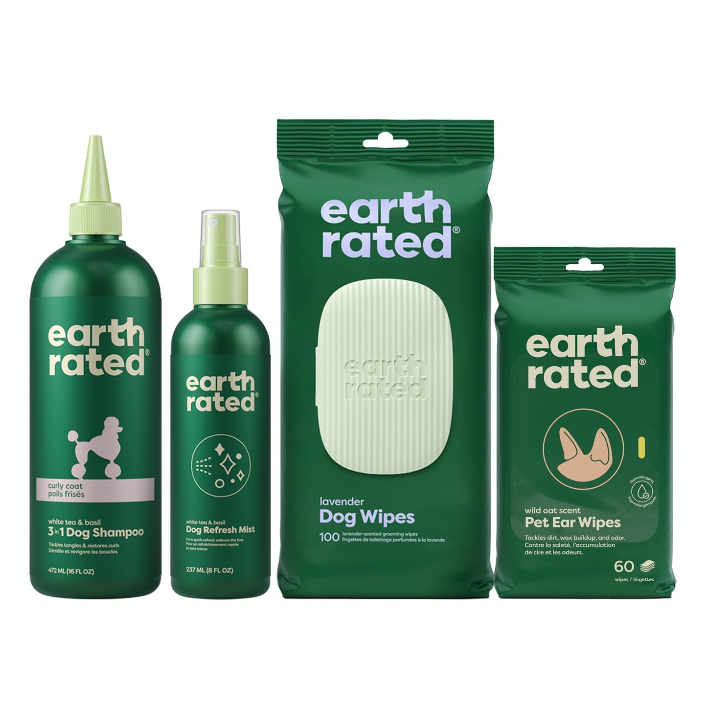 Earth Rated Curly Coat Essentials - Dog Shampoo, Grooming Wipes, Refresh Mist & Ear Wipes