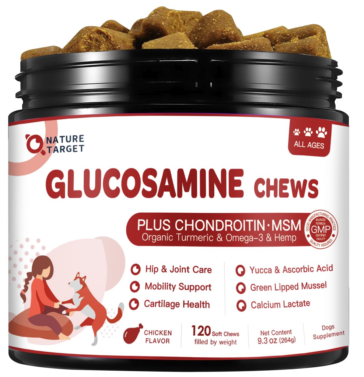 NATURE TARGET Glucosamine for Dogs, Joint Supplement with Chondroitin, MSM, Omega-3, Hemp for Pain Relief, Hip & Joint Chews for Dogs with Calcium for Bone Health, 120 Soft Chews