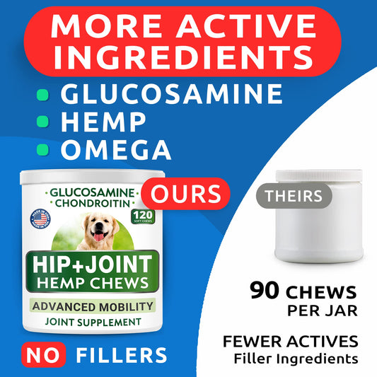 Senior Advanced Glucosamine + Glucosamine w/Hemp Bundle - Old Dog Joint Pain Relief + Natural Joint Pain Relief - Supplement w/MSM, Chondroitin, Omega-3 + Hemp Oil - 120 + 120 Chews - Made in USA