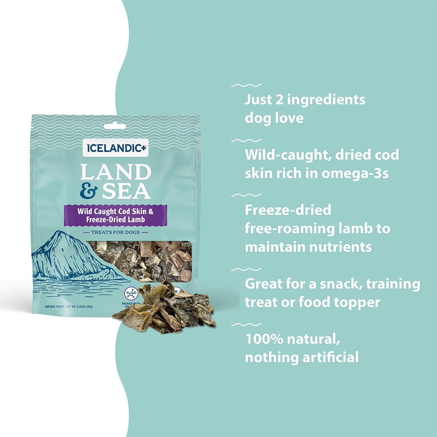 Icelandic+ Land & Sea Wild Caught Cod Skin & Freeze-Dried Lamb - 2.4oz Bag, Dog Treat & Food Topper, 2 Ingredients, No Preservatives, All Natural