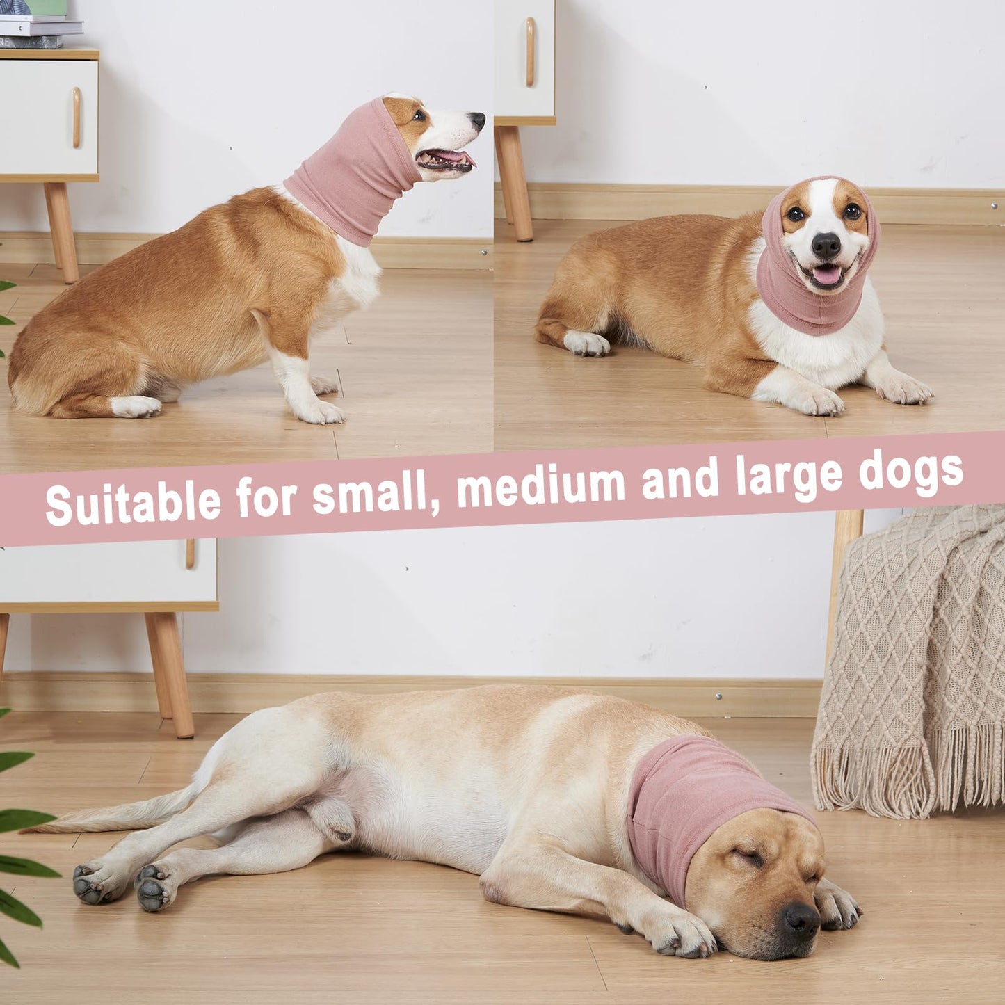 Meifsou Calming Hoodie for Dogs - Stretchy Dog Ear Cover, No Shake Anxiety Head Wrap Quiet Ears, Pet Snoods for Thunder, Lightning, Fireworks, Vet Visits, Grooming, Rabbit Plush Fabric, Pink L