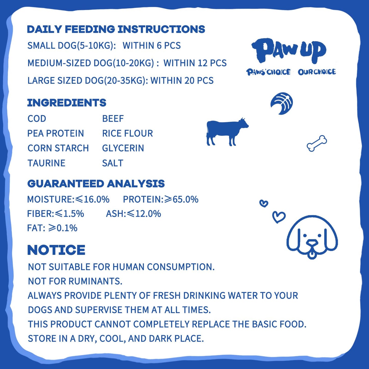 PAWUP Dog Treats Training Rewards, Beef Cod Cubes, 1% Taurine Added, 12.5 oz, Rawhide Free, Grain Free, Low Fat Dog Training Rewards and Snacks, No Additives