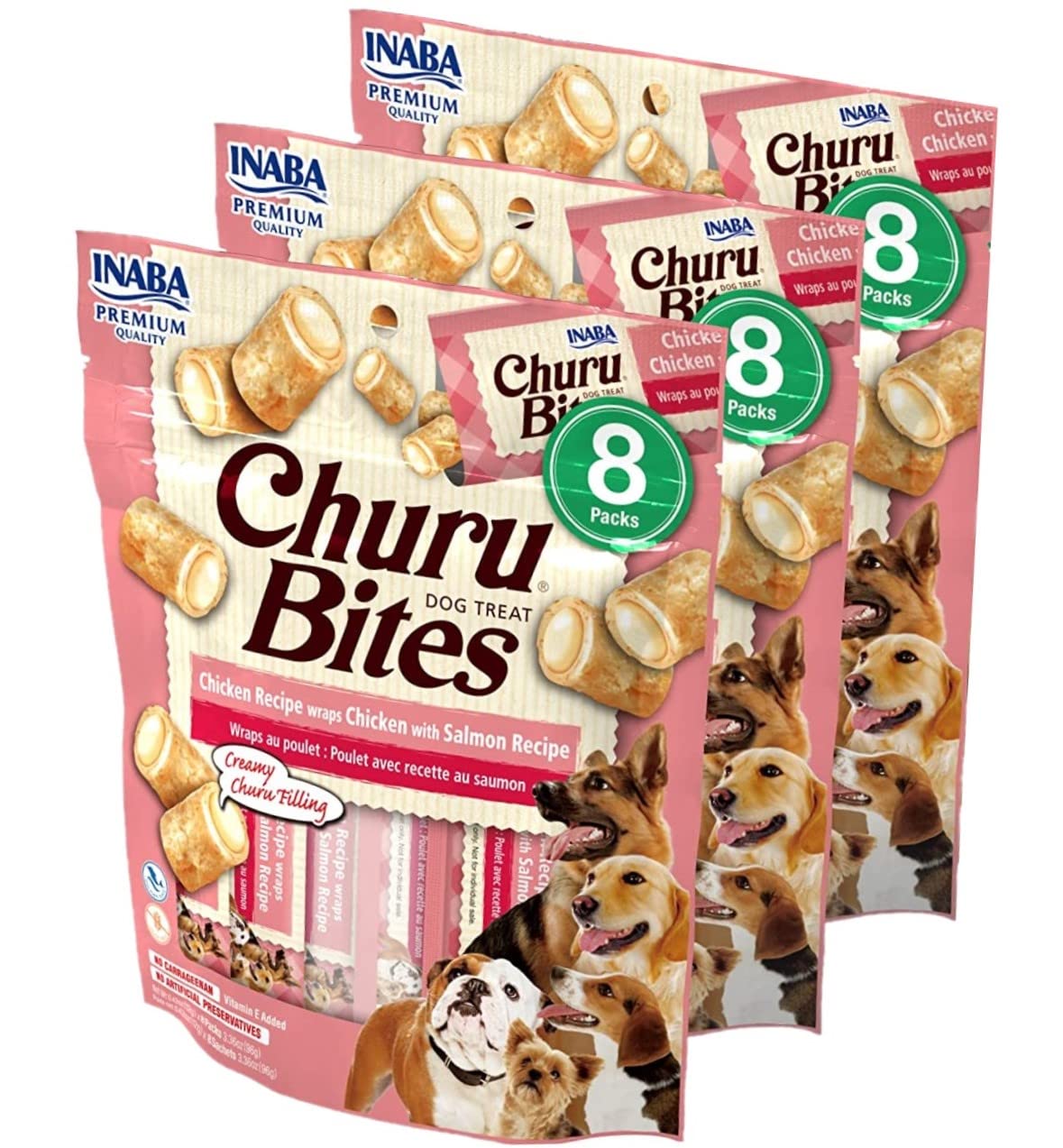 INABA Churu Bites for Dogs, Grain-Free, Soft/Chewy Baked Chicken Wrapped Churu Filled Dog Treats, 0.42 Ounces Each Tube | 24 Tubes Total, Chicken with Salmon Recipe