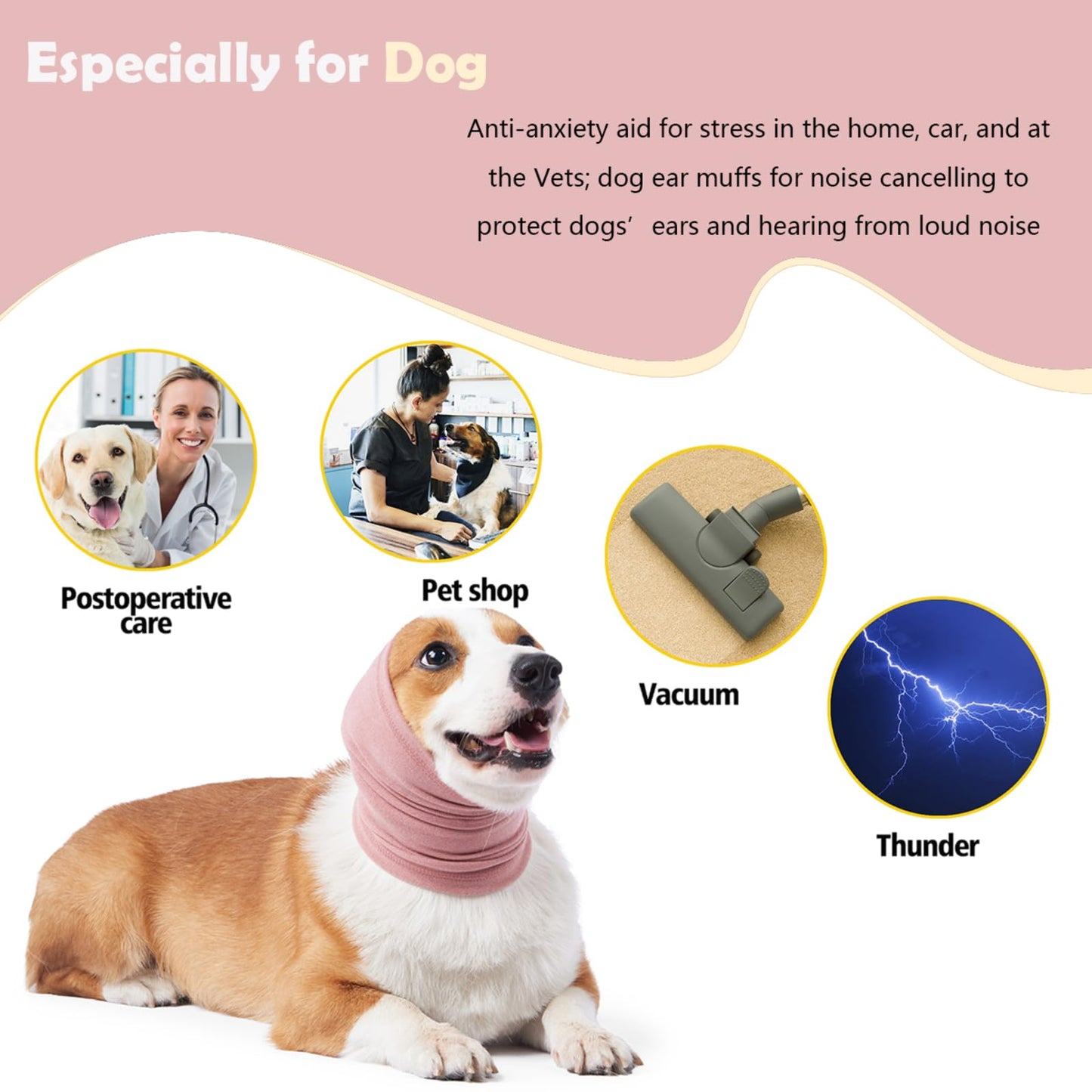 PAPIAMEN Dog Calming Hoodie Head Wrap,No Shake Anxiety Relief Quiet Thunder Vest for Dogs,Ear Protection Head Muffs for Grooming,Pet Covers for Fireworks,Vet Visits,Bathing,Pink,M