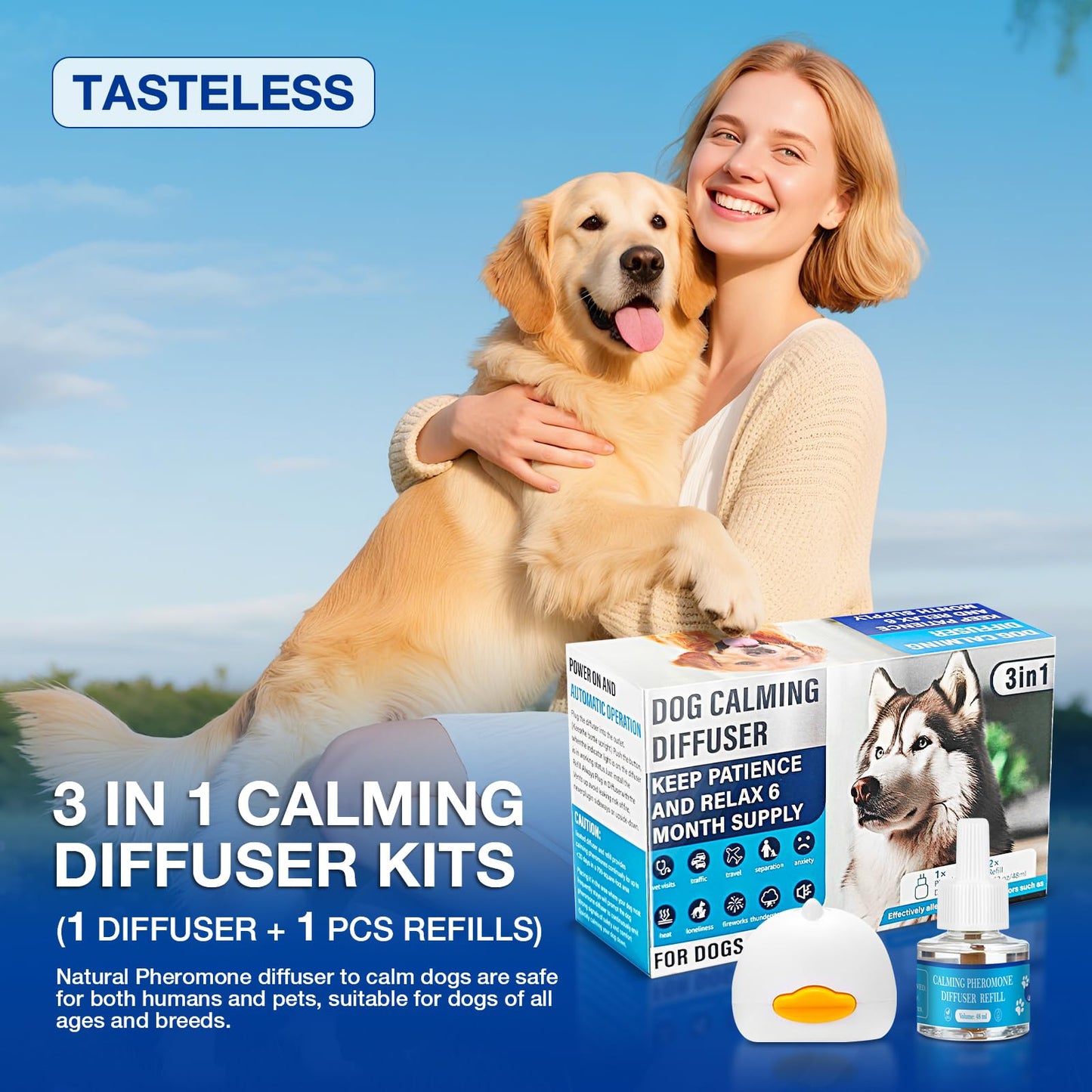 SUOOCH Dog Calming Diffuser 3 in 1 Kit Appeasing Pheromone Diffuser to Calm (1 Plug in+1 Pack 48ml Refill) for Anxiety Relief Reduce Aggression Fighting Barking Stress 30 Day Supply(Tasteless)
