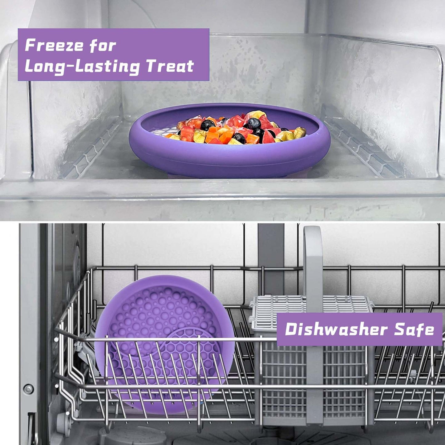 ZOURYNUA Dog Lick Bowl, Non-Slip Dog Slow Feeder Licking Mat Treat Dispenser, Interactive and Enrichment Toys, Boredom & Anxiety Reducer, BPA Free Silicone (Purple, Large)