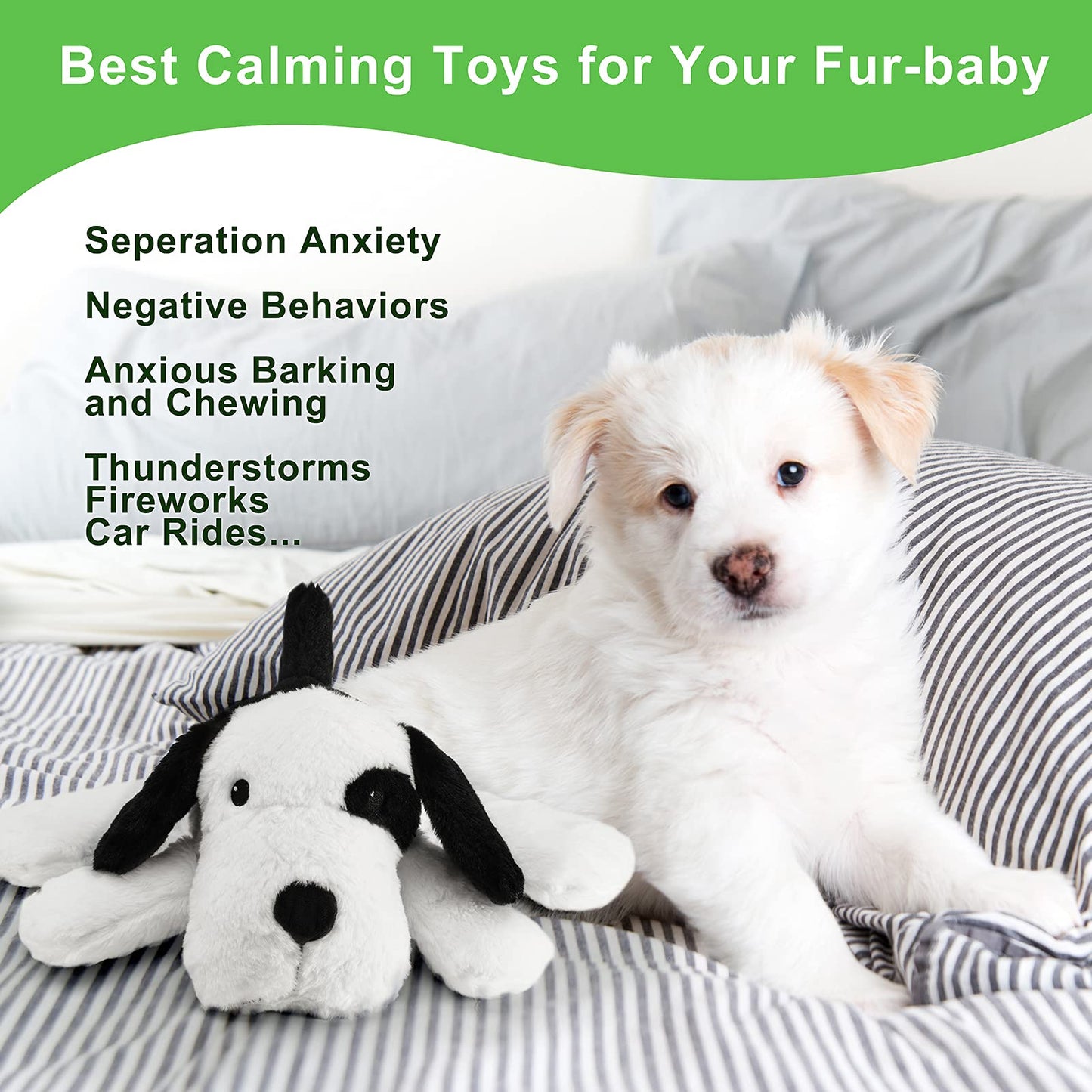 Moropaky Heartbeat Warm Heat Stuffed Animal for Dog Anxiety Relief, Calming, Behavioral Aid, Sleep Aid, Soothe, Cuddle Comfort Toy, Black & White