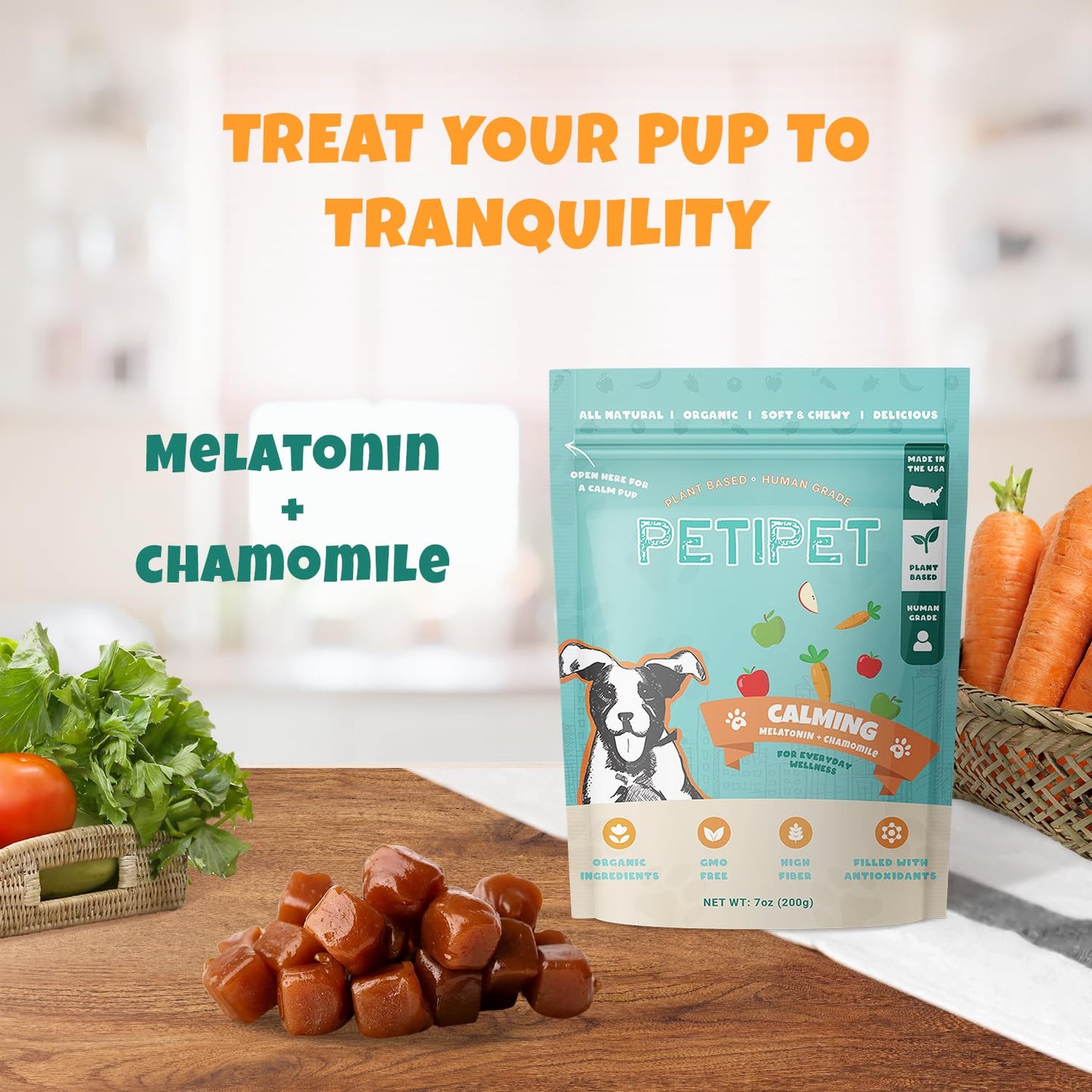 Petipet Calming Chews for Dogs - Plant-Based Calming Supplement w/Melatonin+Chamomile - Calming Aid Soft & Chewy Treats for Relaxing, Stress, Separation, Anxiety Relief, Puppies, Small & Large Breeds