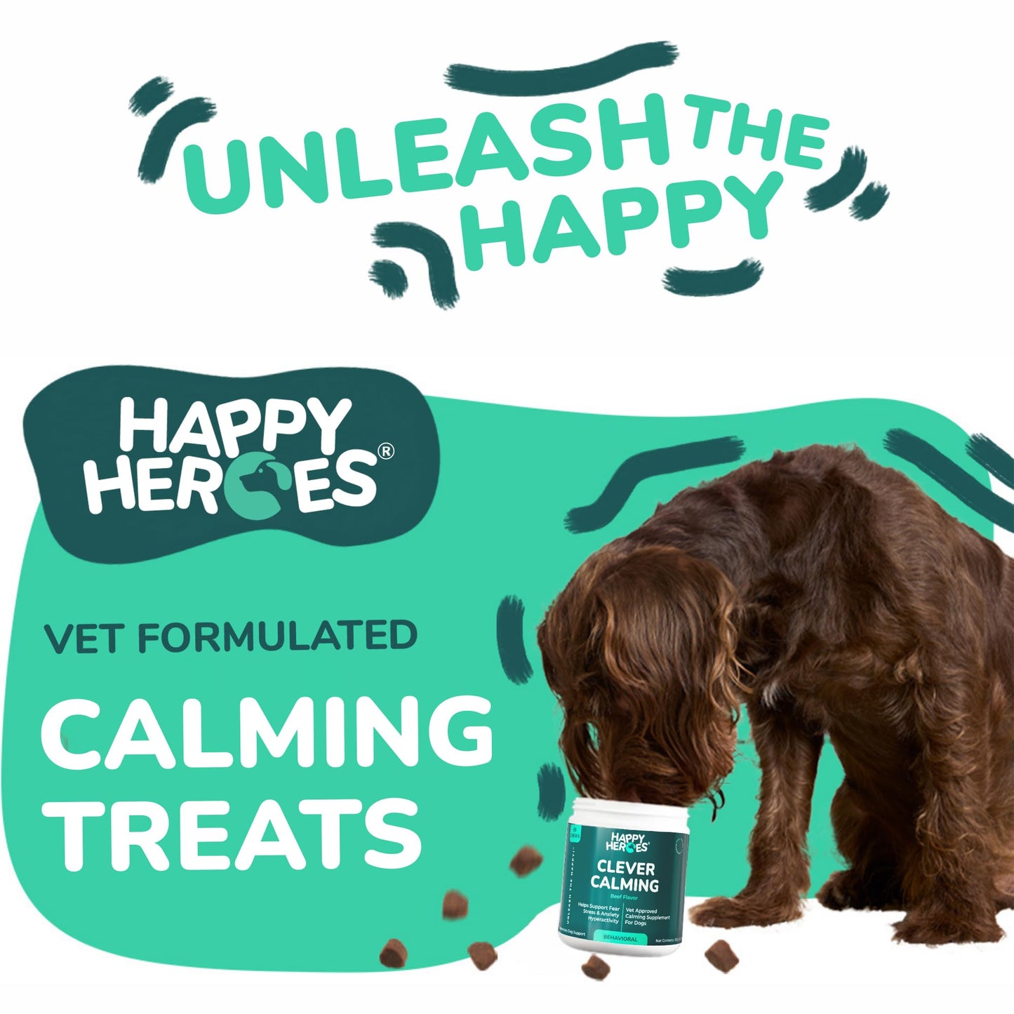 Happy Heroes - Clever Calming Chews for Dogs, 100% Natural Dog Supplement, For Anxiety Relief, Helps Stress, Fear, Hyperactivity, Reactivity, Beef Flavor Calming Dog Treats, Made in USA, 60 Soft Chews