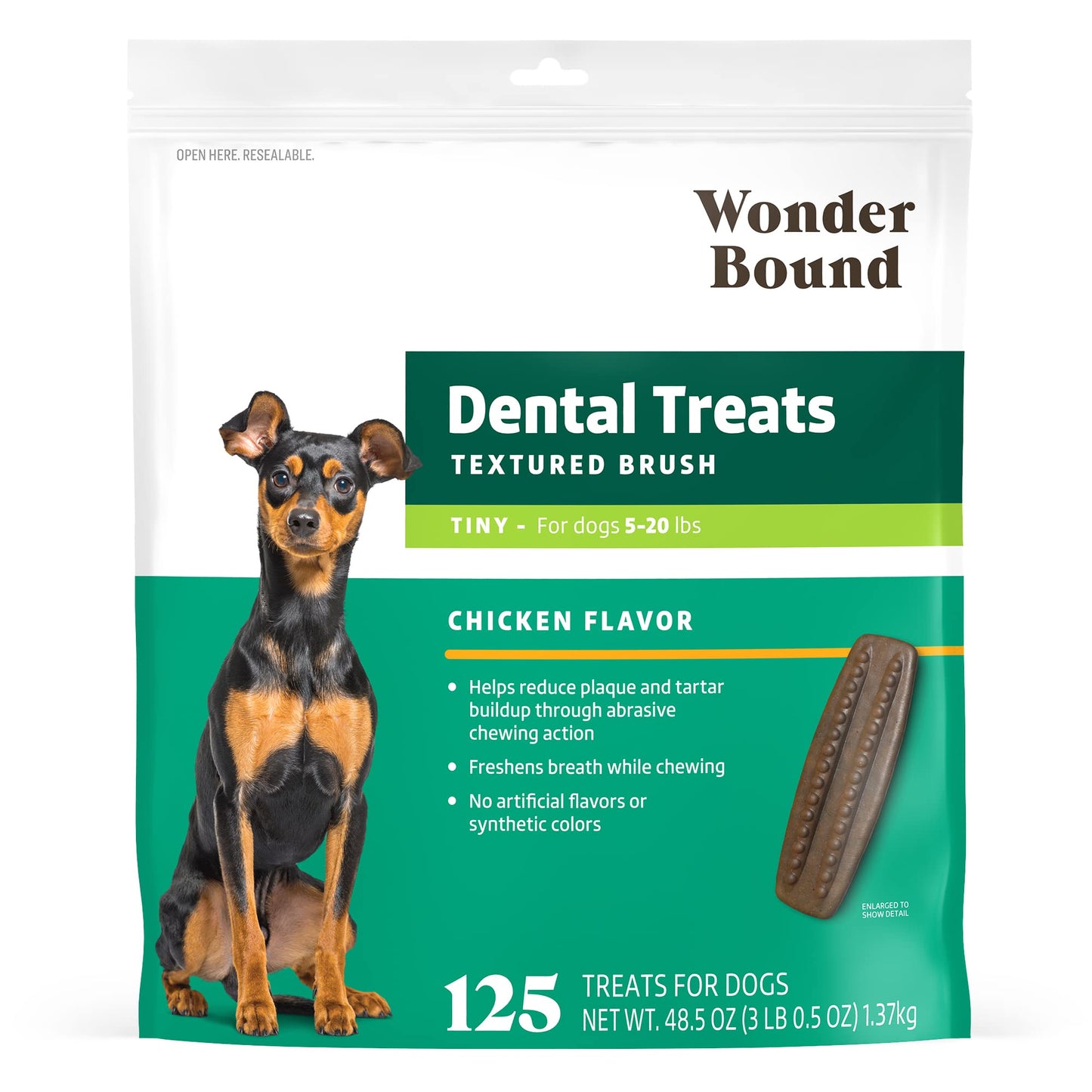 Amazon Brand - Wonder Bound Dog Dental Treats for Tiny Dogs (5-15 lbs), Real Chicken Flavor, Nubbed Texture for Plaque & Tartar Control, Freshens Breath While Chewing, 125 Count (Pack of 1)