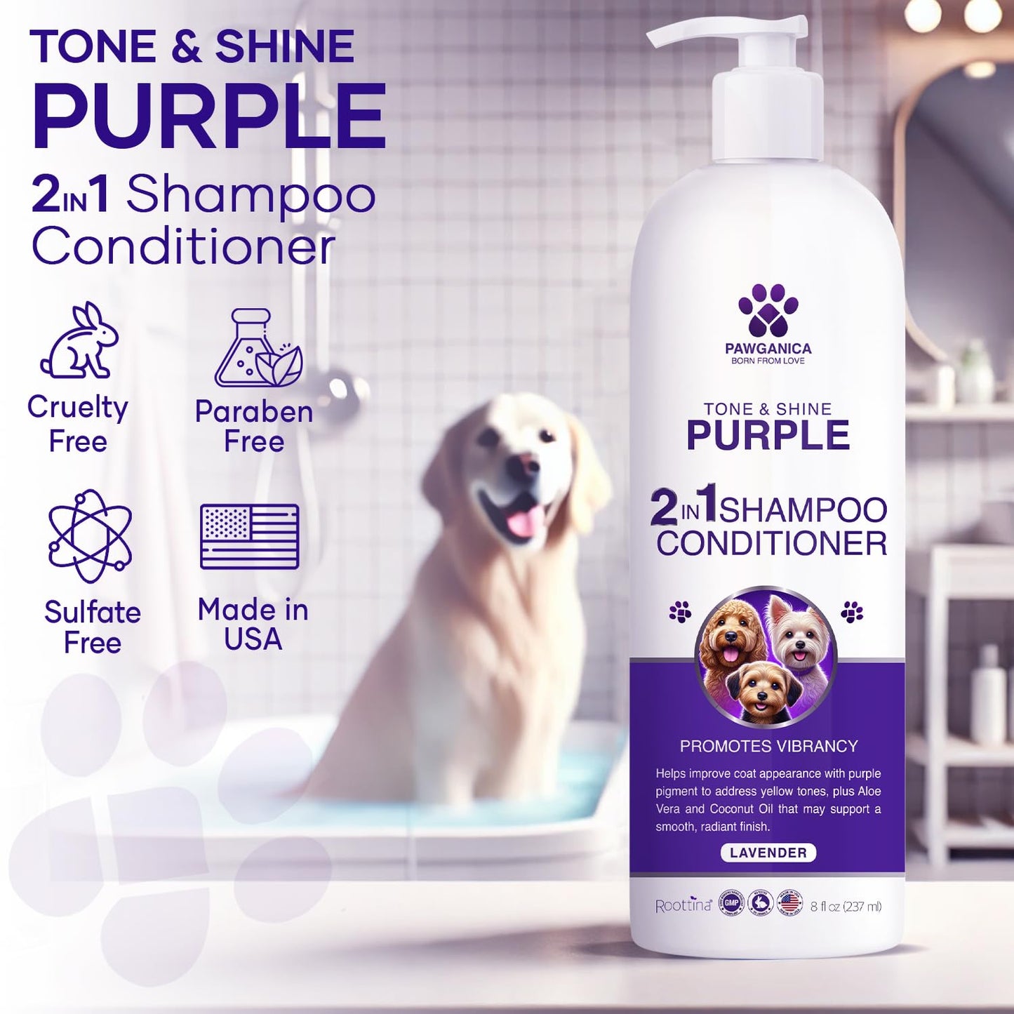 Pawganica 2-in-1 Purple Shampoo for Dogs, Supports Coat Whitening & Softness, pH-Balanced, Fur Whitening Dog Shampoo and Conditioner, Shampoo for Smelly Dogs 8 fl oz
