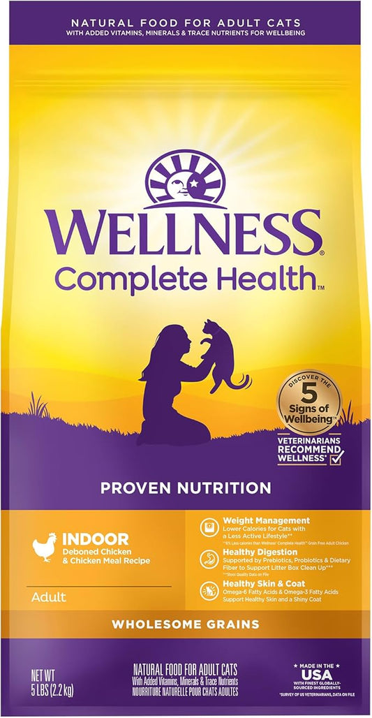 Wellness Complete Health Adult Dry Cat Food for Indoor Cats, Wholesome Grains, Natural, Chicken (5 Pound Bag)
