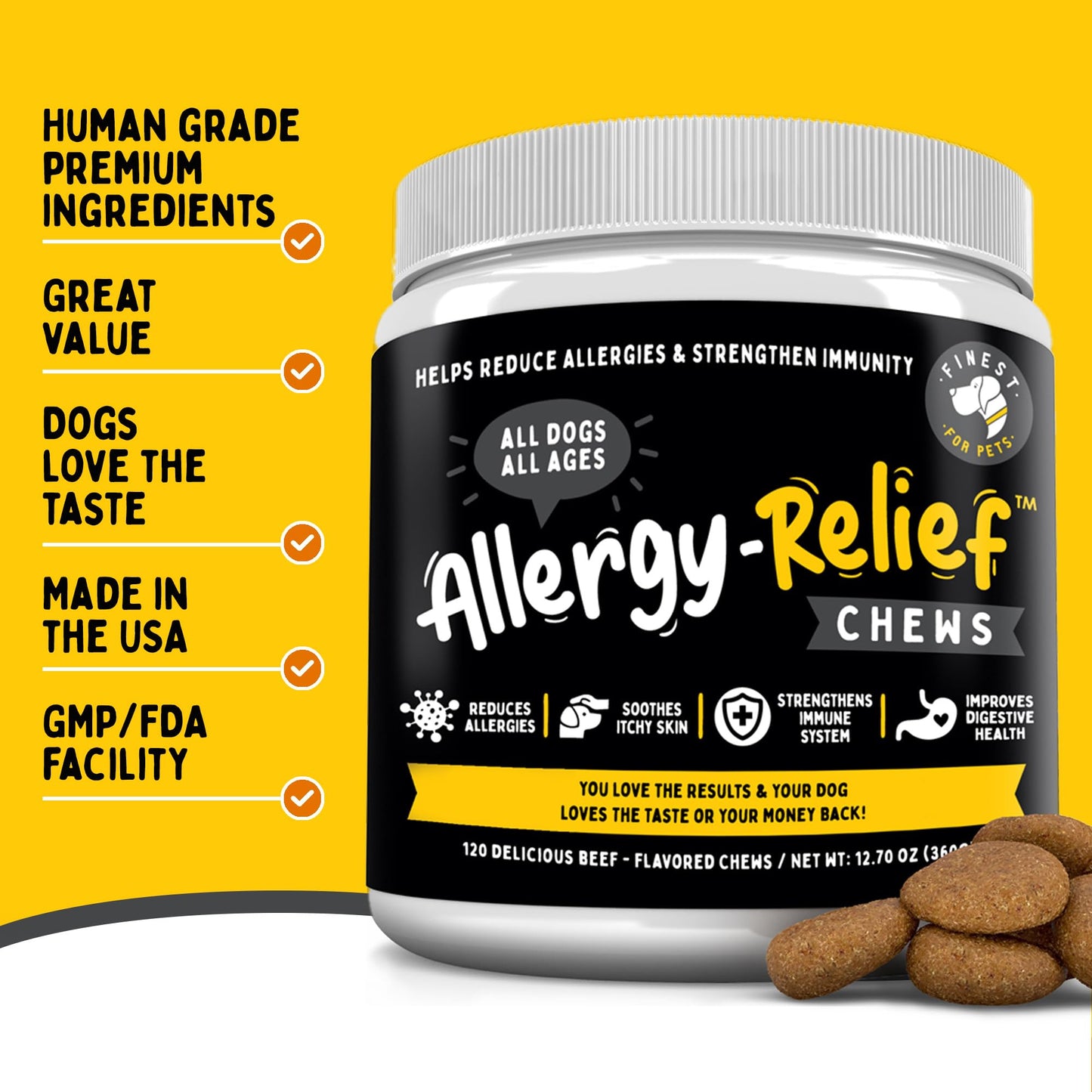Finest For Pets Dog Allergy Relief - Dog Allergy Chews Itch Relief, Seasonal Allergy Support for Itchy Skin, with Omega 3, Pumpkin & Probiotics (120 Soft Chews)